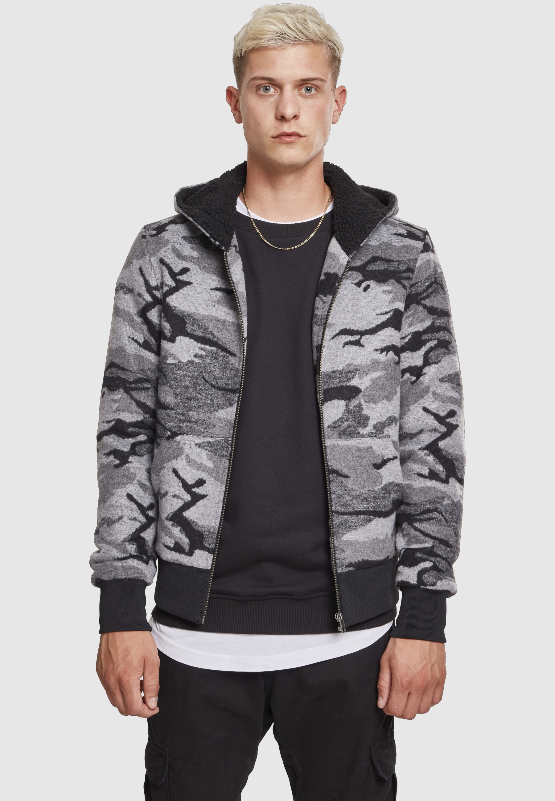 URBAN CLASSICS Winterjacke »Urban Classics Herren Camo Zip Jacket« 1 Stk. tlg. mit Kapuze