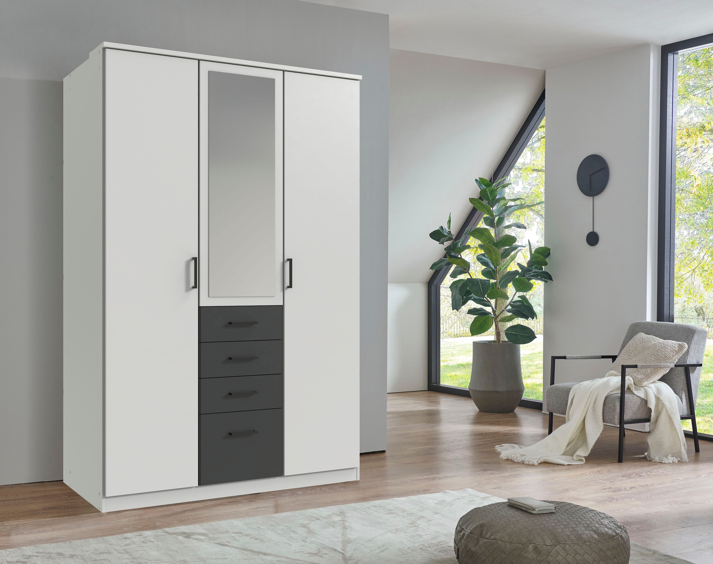 Wimex Kleiderschrank »Cottbus, in weiß oder grau modern kombiniert mit graphitfb.Schubladen«, (in 3 Größen, schwarze Griffe, Made in Germany), mit 4 Schubladen, wahlweise mit oder ohne Spiegel