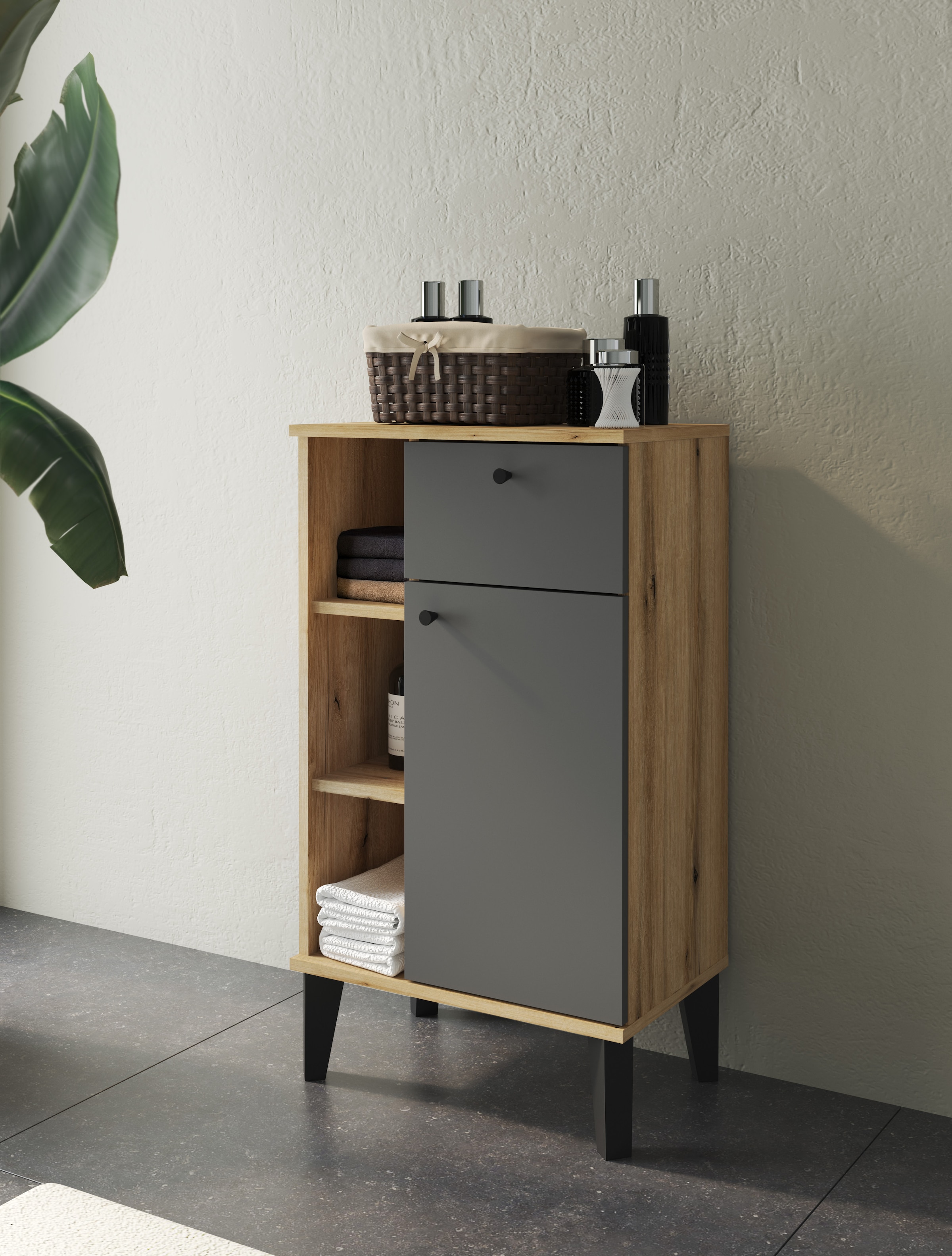 INOSIGN Midischrank »Oslo, Badschrank mit Knopfgriff, Schrank im skandinavischen Design«, in der Türfarbe Weiß oder Grau verfügbar, ausreichend Stauraum