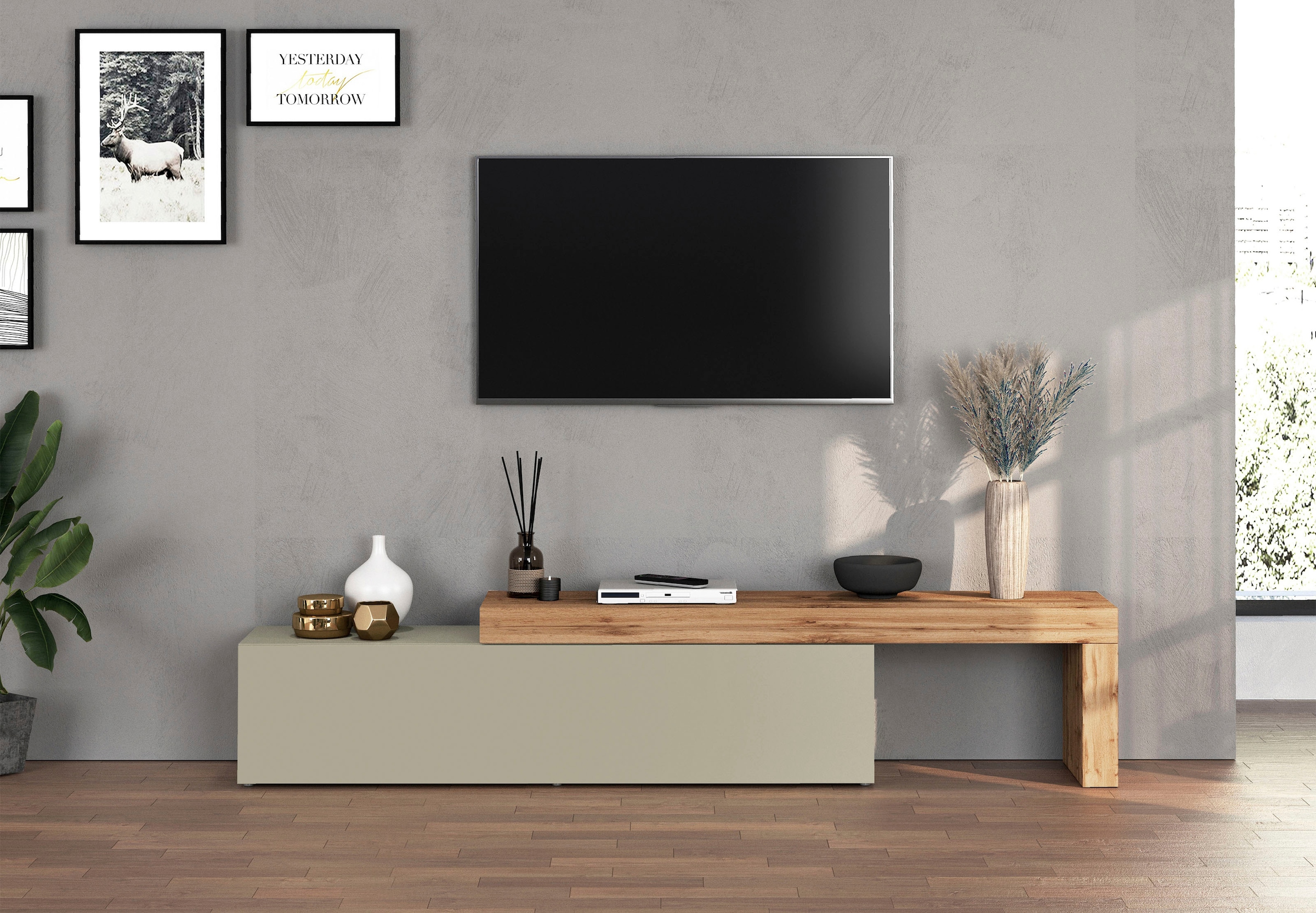 INOSIGN Lowboard »Chronos TV-Board, TV-Schrank«, (1 St., Breite verstellbar von 190 bis 350 cm), Breite 270 cm TV-Board,Lowboard,1 Klappe und ein L-Förmiger Aufsatz