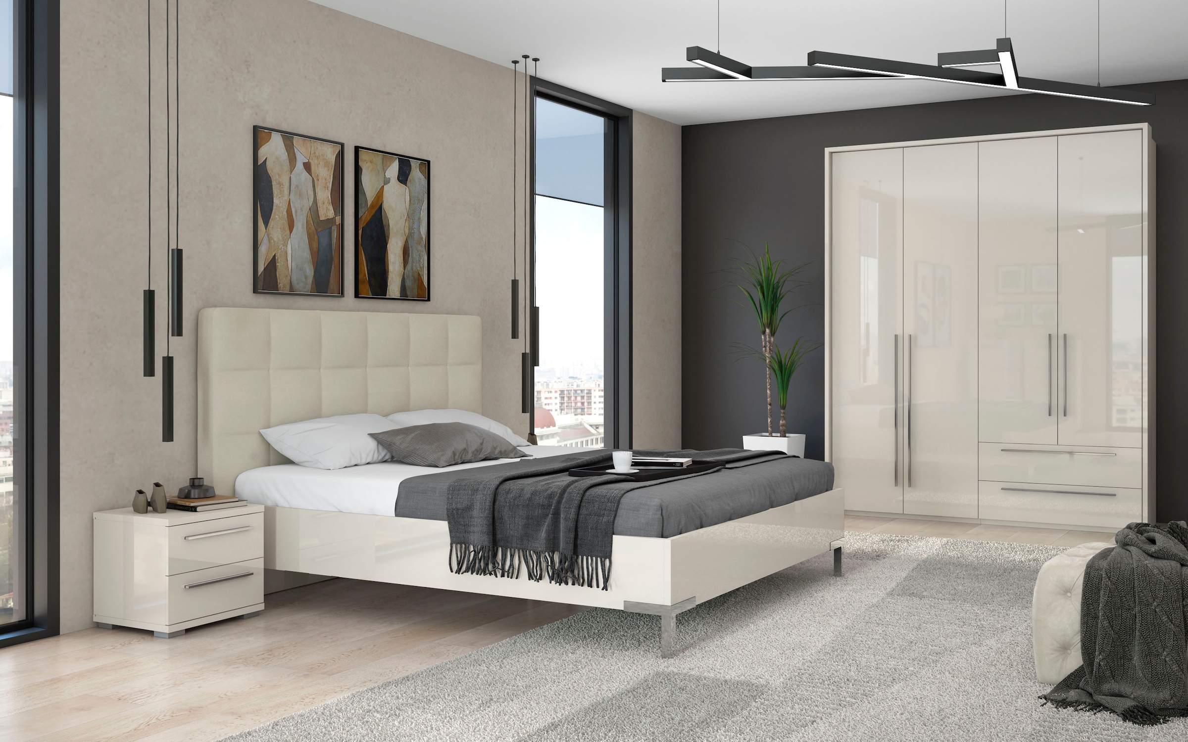 Places of Style Kleiderschrank »Piano, inklusive Rahmen und Beleuchtung, soft-close-Funktion«, (viele Breiten zur Auswahl, 226cm hoch), beige oder weiß, UV lackiert, Hochglanzfronten, FSC-zertifiziert