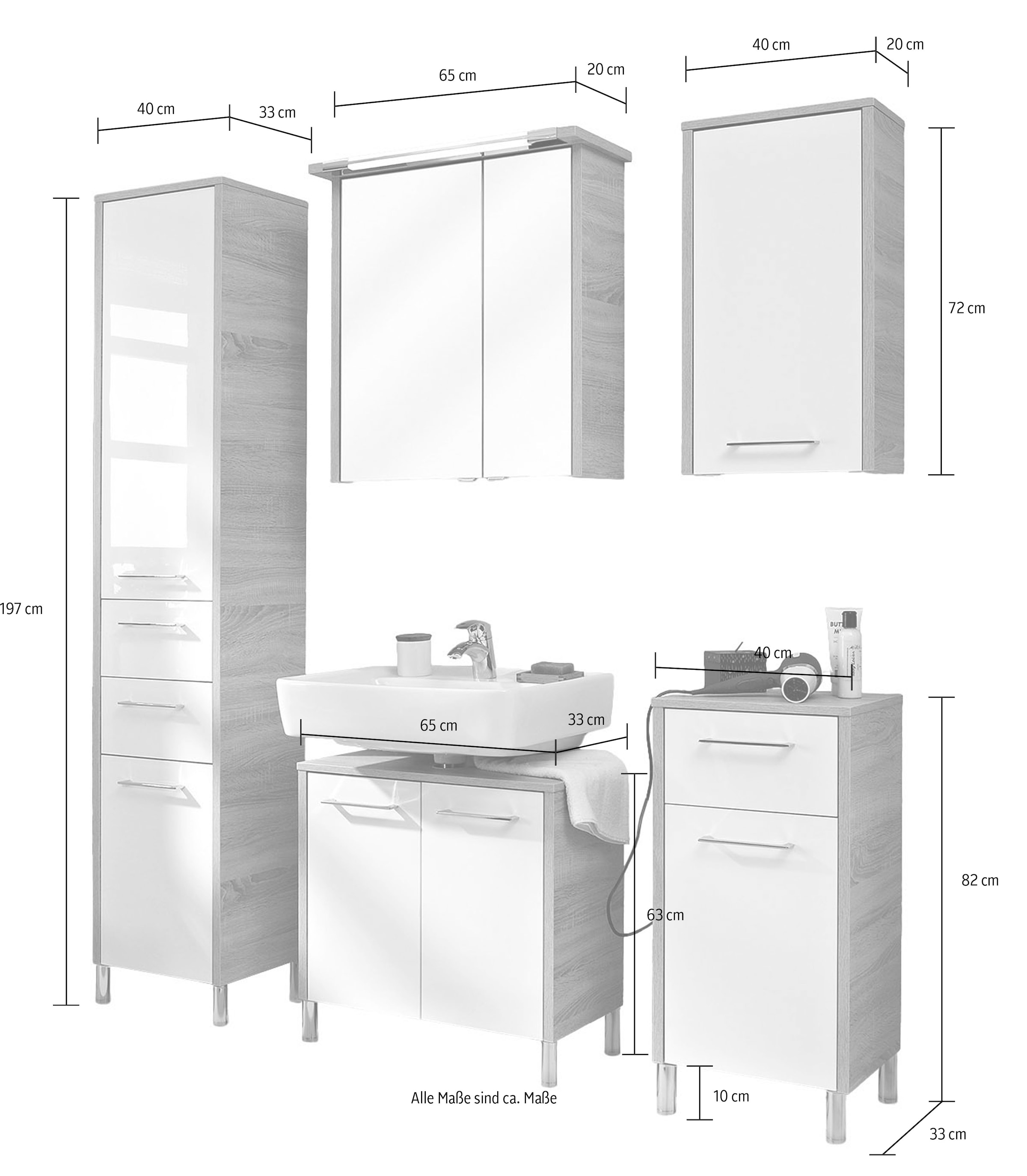 Saphir Badmöbel-Set »Quickset 382 5-teilig, Waschbeckenunterschrank mit LED-Spiegelschrank«, (11 St.), Hochschrank, Unterschrank, Hängeschrank, inkl. Türdämpfer, 8 Türen