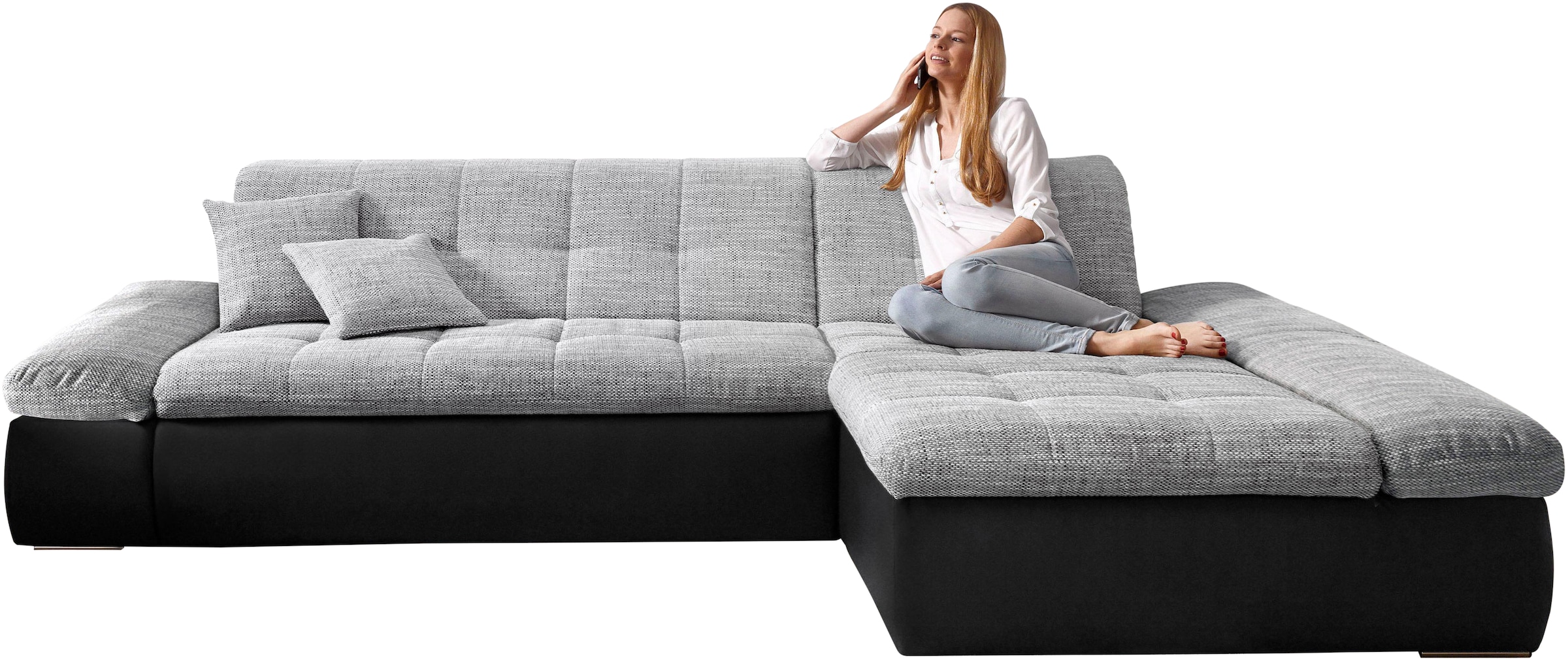 DOMO collection Ecksofa »Moric, L-Form, XXL-Sofa - Breite 300cm«, wahlweise mit Bettfunktion und Armteilverstellung, schwarz-silber
