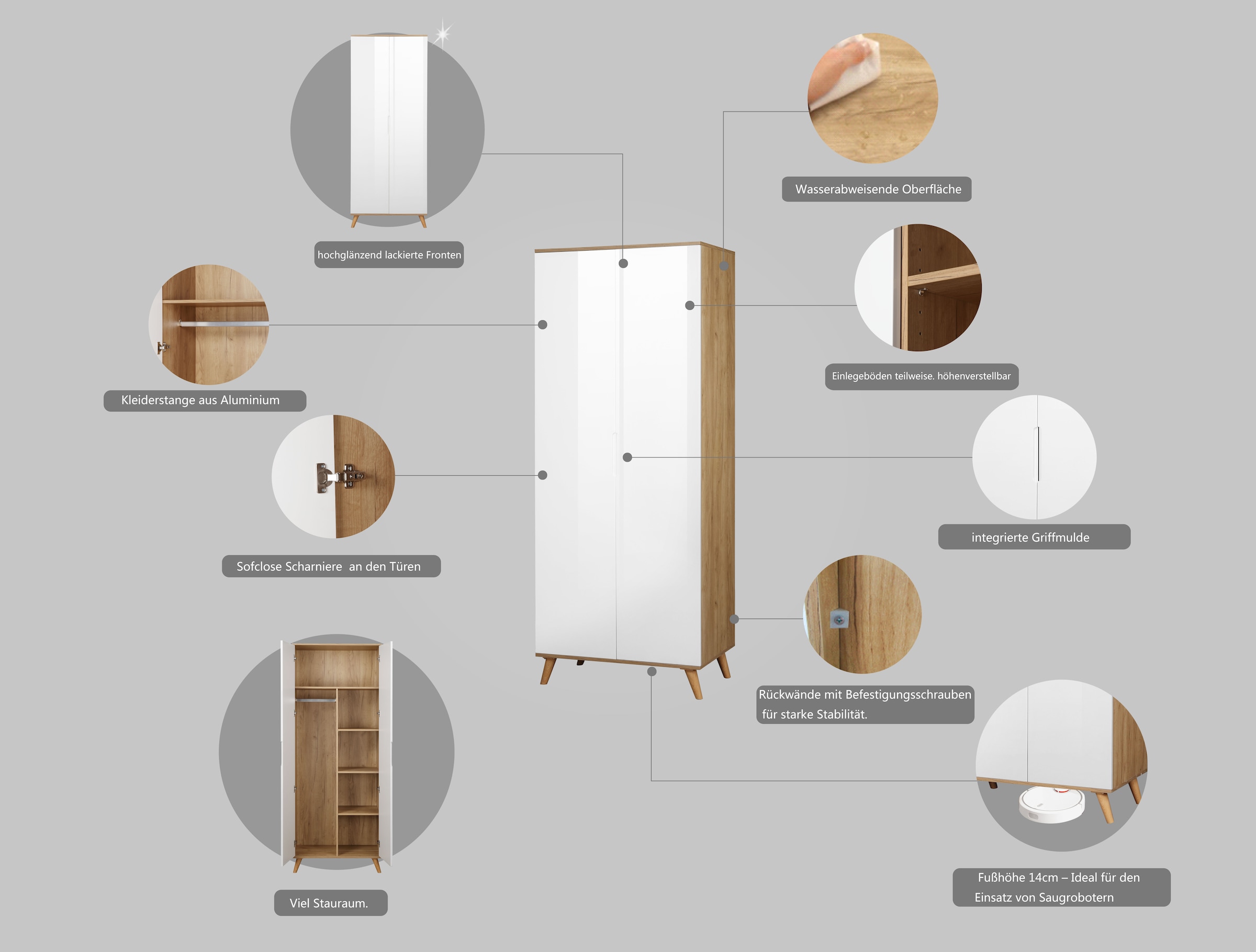andas Kleiderschrank »Lund Schlafzimmerschrank Bestseller im skandinavischem Design«, Garderobenschrank mit Premium Innenausstattung, Breite 80 cm hochglanz