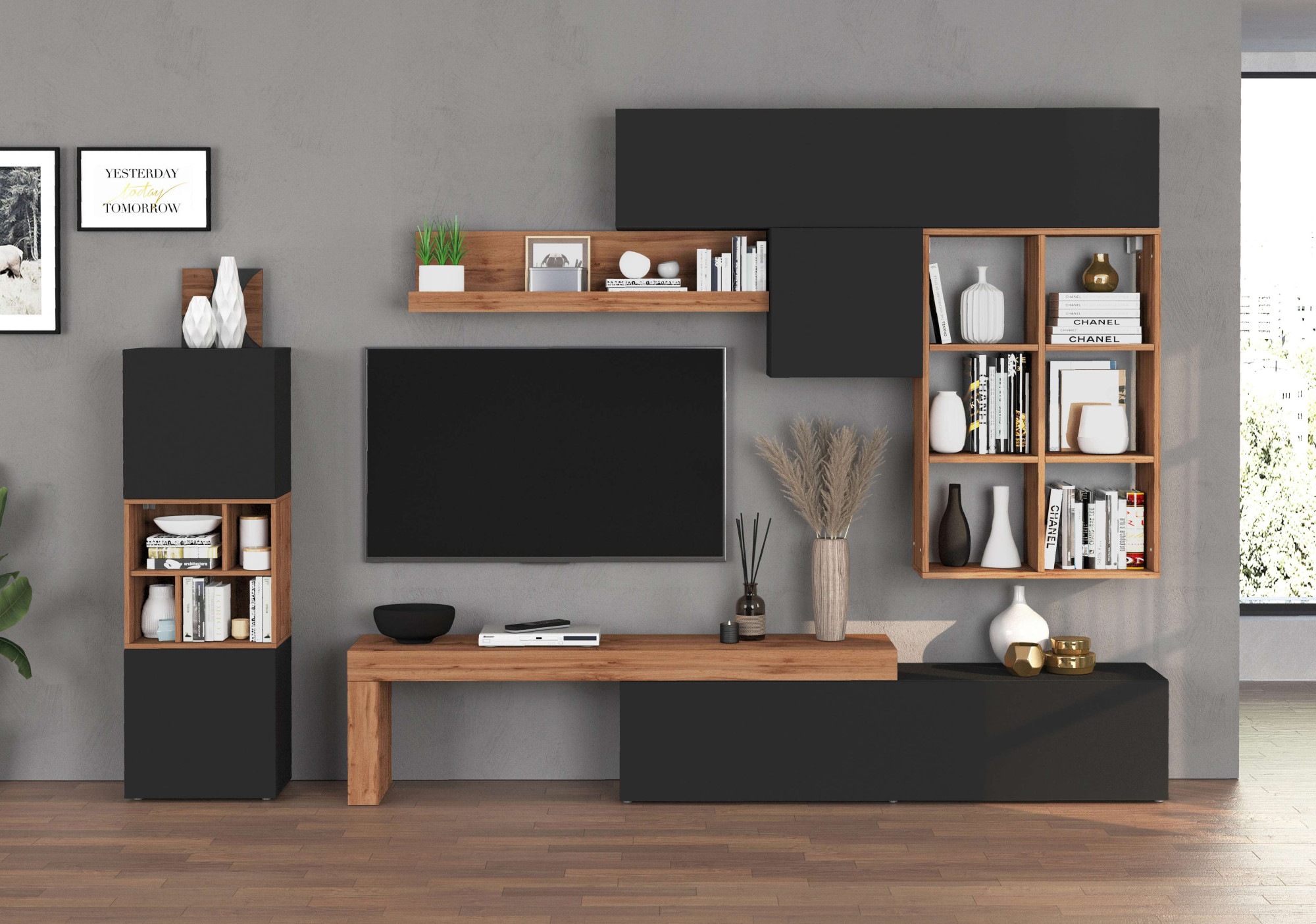 INOSIGN Wohnwand »Chronos Wohnwand, Medienwand, 8-er set«, (Set, 8 St.), ca. 320 cm mit Hängeschränke, Würfel, Regal, Lowboard, Made in Italy
