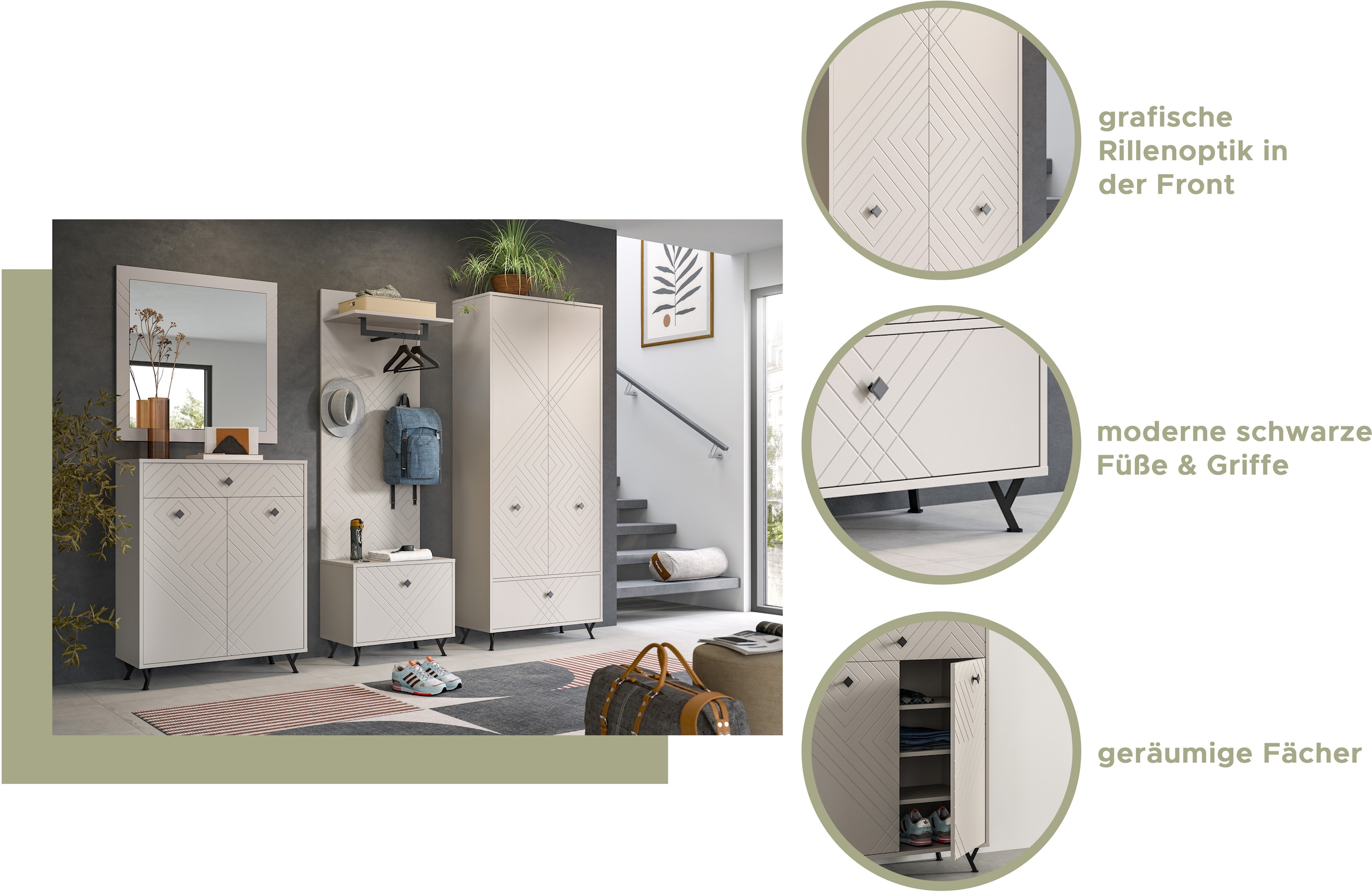 INOSIGN Garderoben-Set »Mento, 5-teilig, Ornamentfräsung in der Front, bestehend aus:«, (Set, 5 St.), Schuhkommode, Spiegel, Sitzbank, Garderobenpaneel, Garderobenschrank