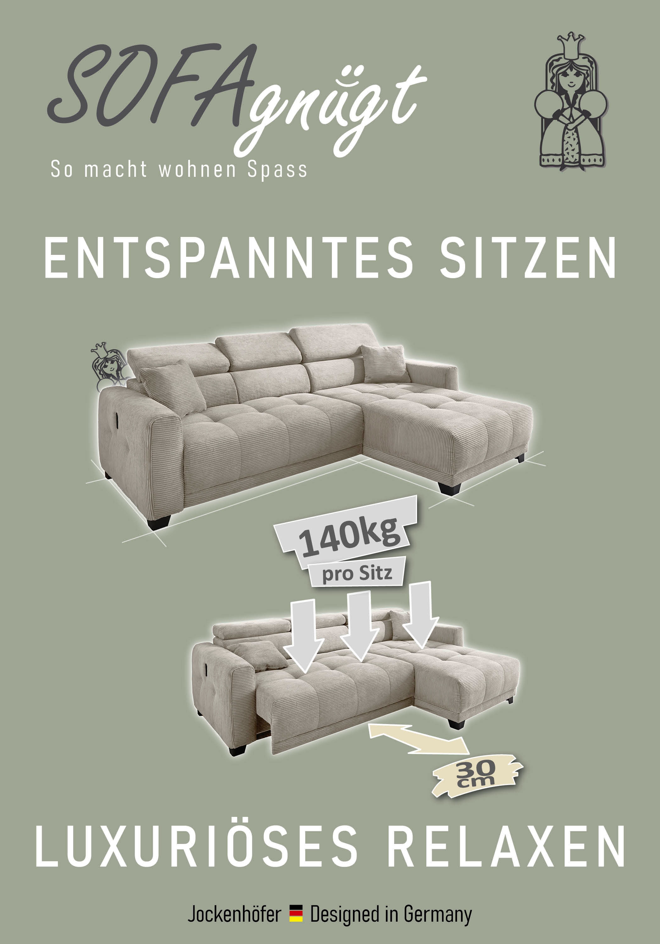 Jockenhöfer Gruppe Ecksofa »Cremona L-Form, B: 263 cm, mit 30 cm elektr. Sitztiefenverstellung« 140kg Belastbarkeit je Sitz, Kopfteilverstellung & USB-Anschluss