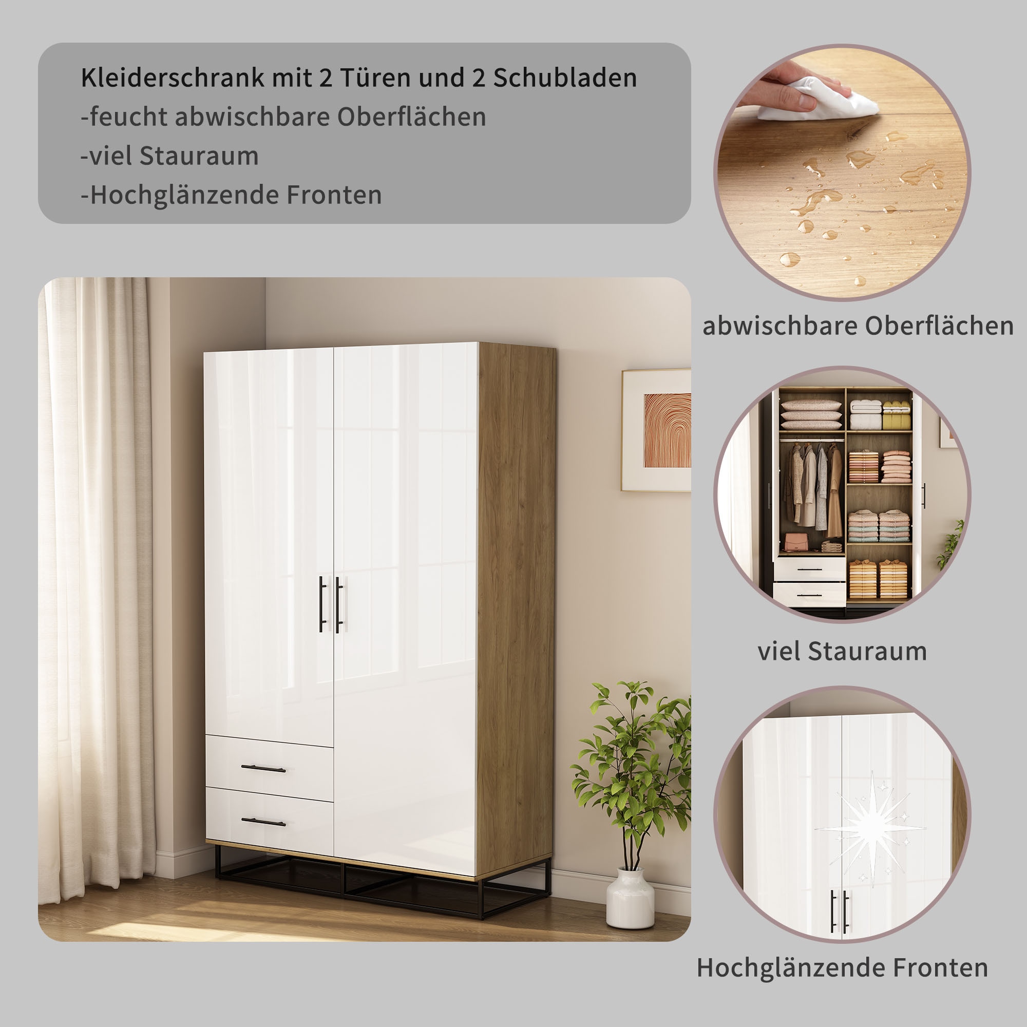 OTTO home Kleiderschrank »Lucca Schlafzimmerschrank Garderobe Hochglanz Bestseller« Hochwertige schwarze Griffe und Kufengestell aus Metall, 