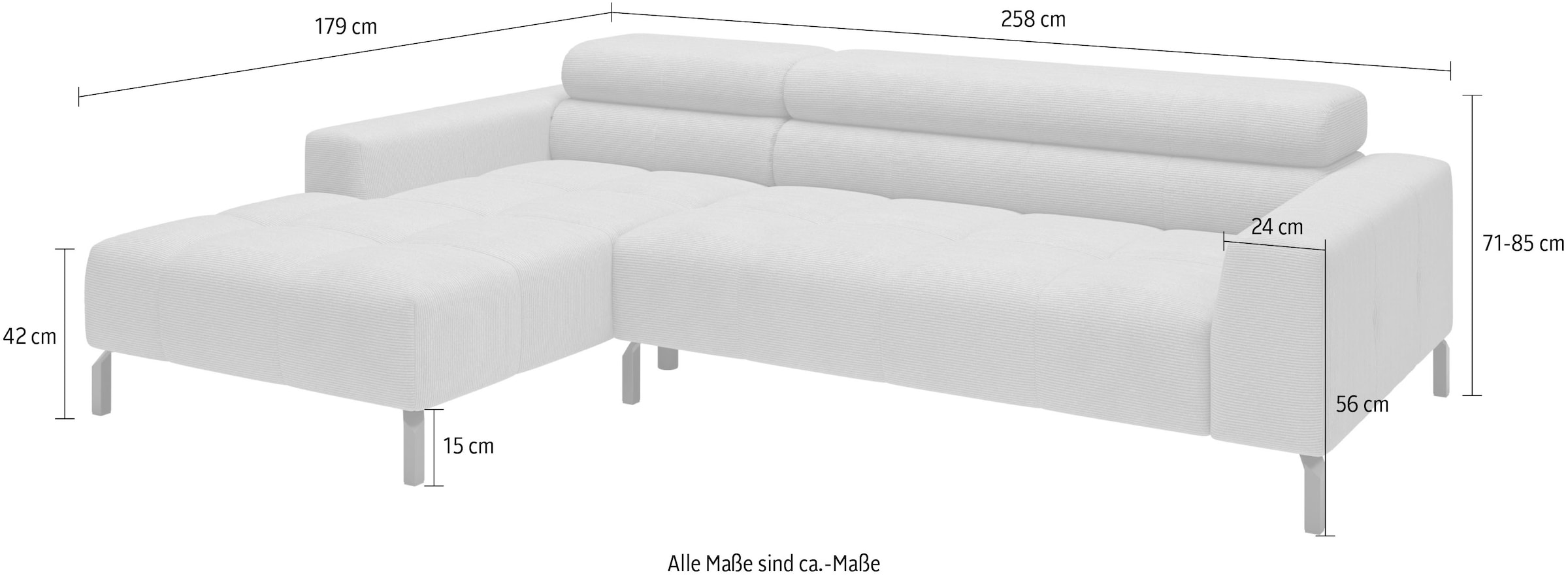 Home affaire Ecksofa »Claya, 258 cm breit, L-Form, Kopfteilverstellung« Moderne Steppung, weicher Polsteraufbau & saugroboterfreundliche Höhe