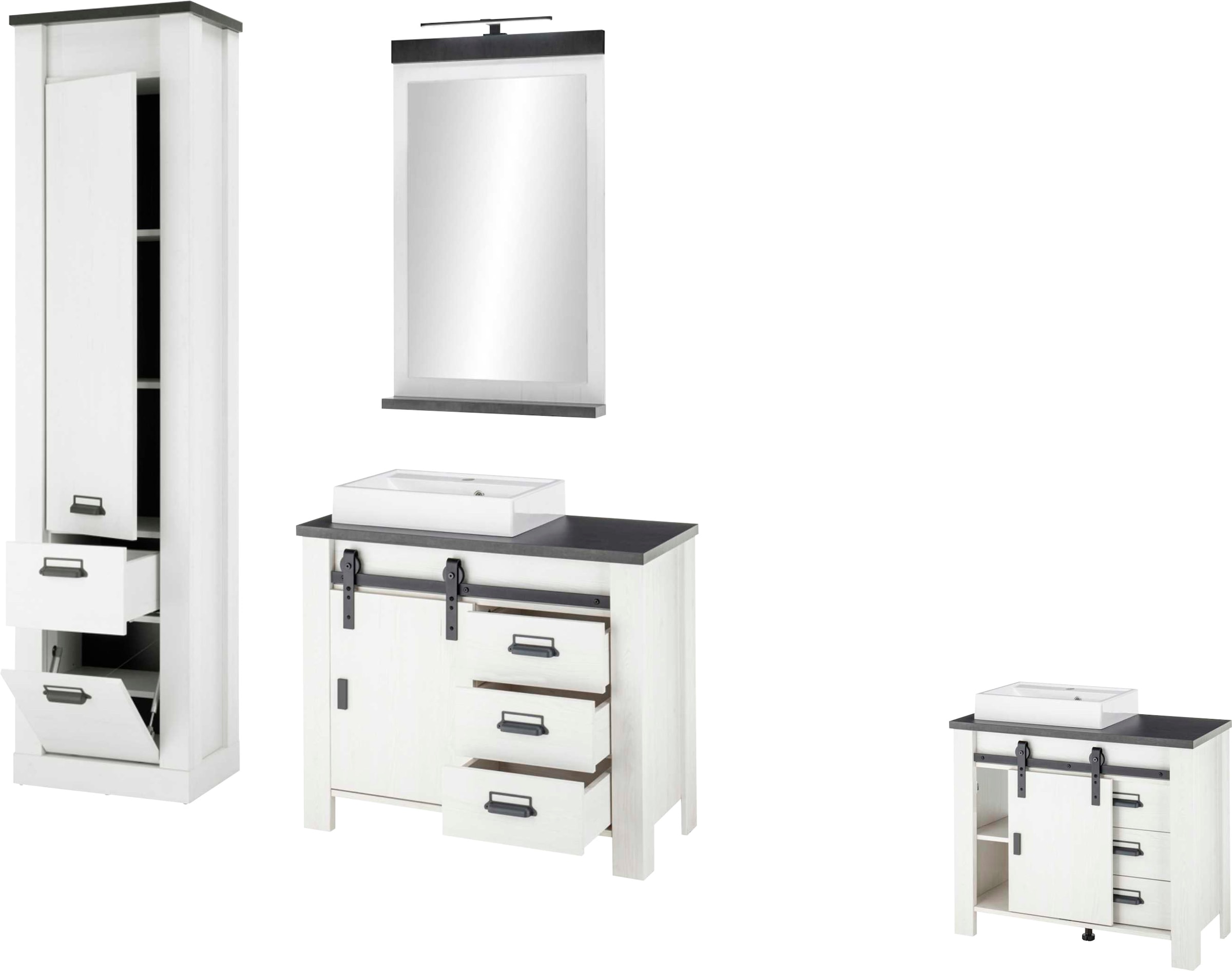 Home affaire Badmöbel-Set »SHERWOOD, Bad im modernen Design, 3-teiliges Badezimmer«, (3 St.), in 2 Farben verfügbar, Scheunentorbeschlag & Apothekergriff aus Metall