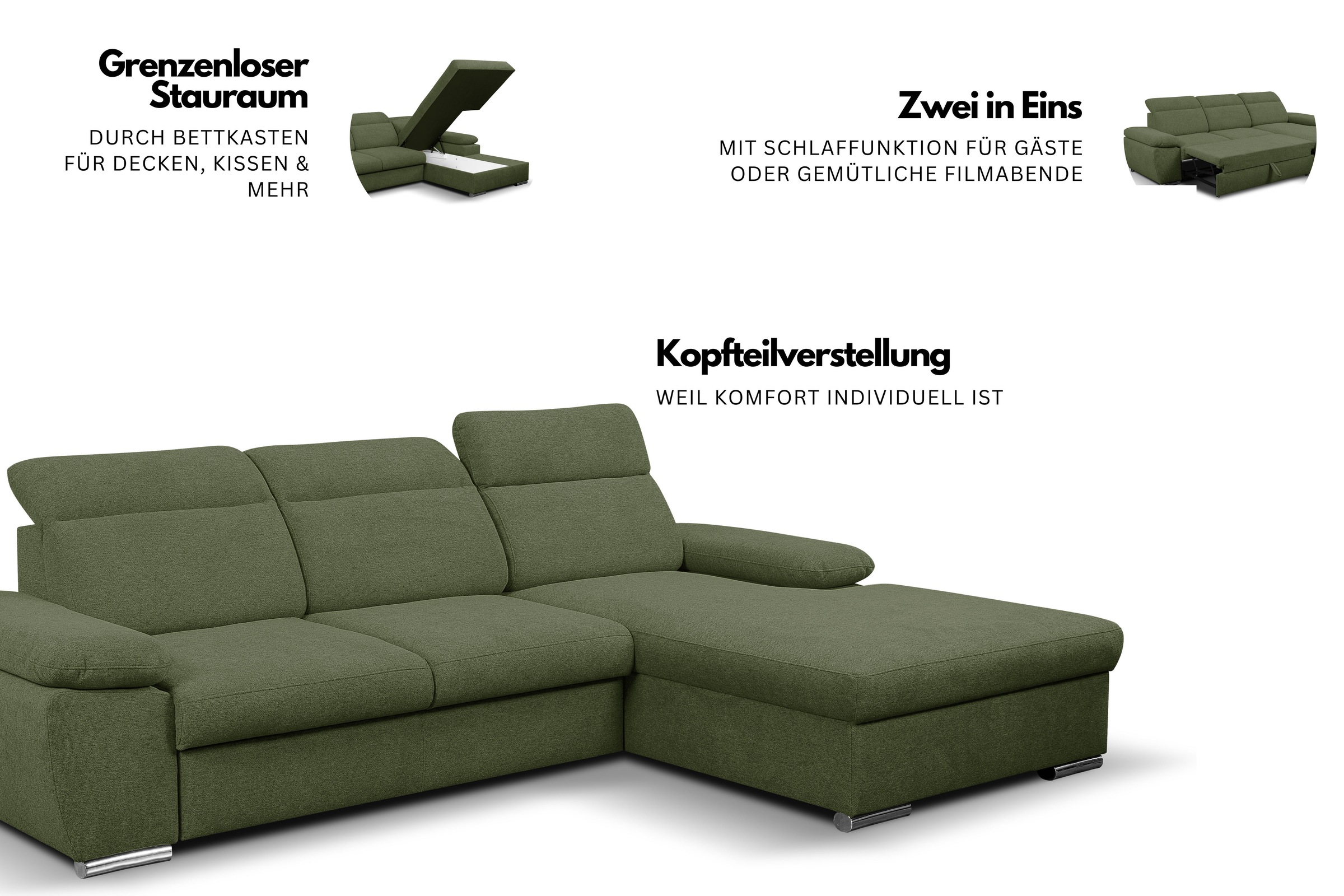 WERK2 Ecksofa »Palma 282 x 185 cm mit Bett & Bettkasten, Kopfteilverstellung, bequem« Strukturstoff, L-Form, XXL, Schlaffunktion, Bettkasten