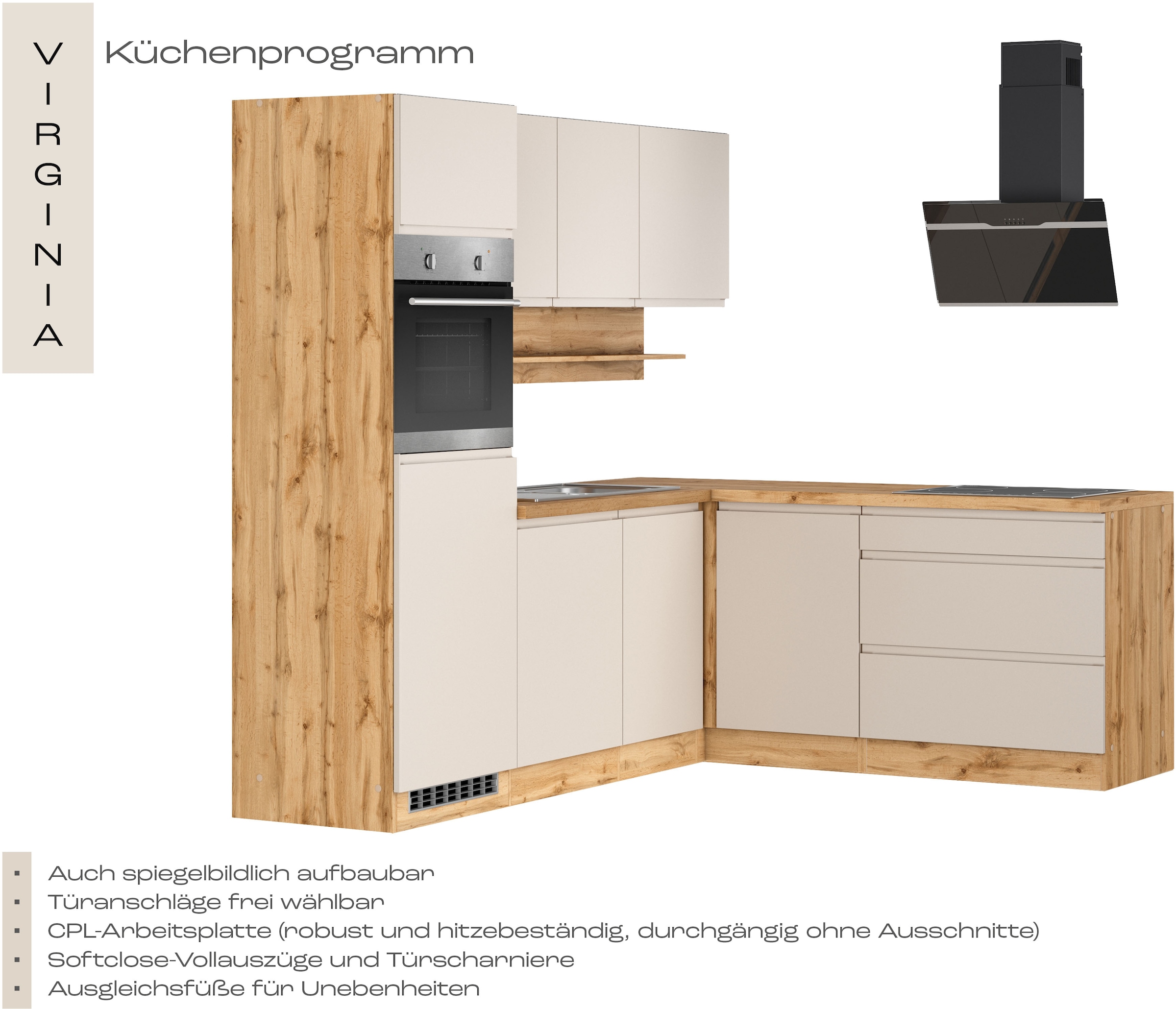 KOCHSTATION Winkelküche »KS-Virginia,neu in verbesserter Ausführung« Arbeitsplatte 38 mm stark, Stauraum, Softclose,  Stellbreite 230/190 cm, Soft-Close,wahlweise mit E-Geräten