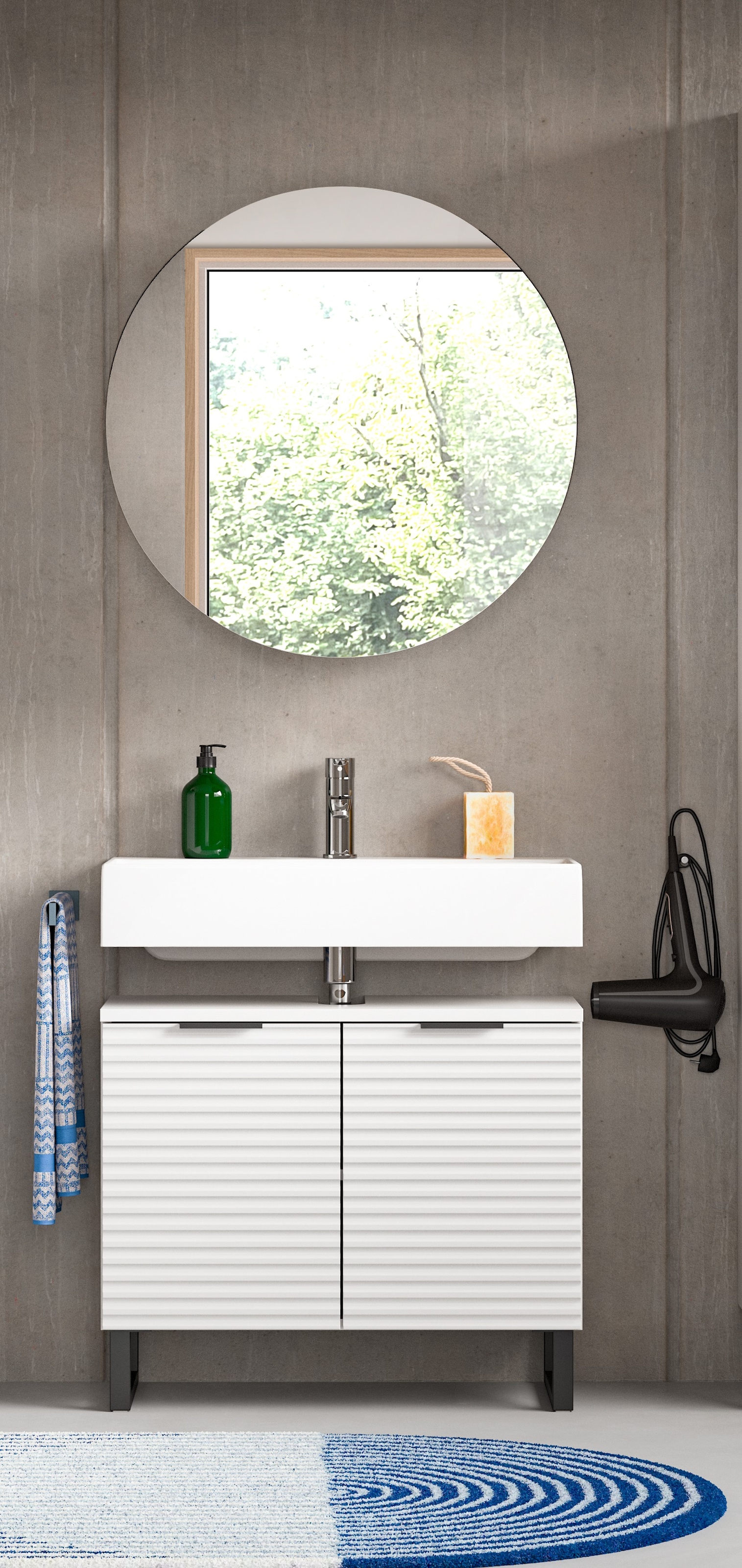 welltime Badmöbel-Set »Litica, Breite 70 cm, hochwertige Rillenfräsung, Metallkufen«, (2 St.), best. aus.: Waschbeckenunterschrank, Spiegelschrank