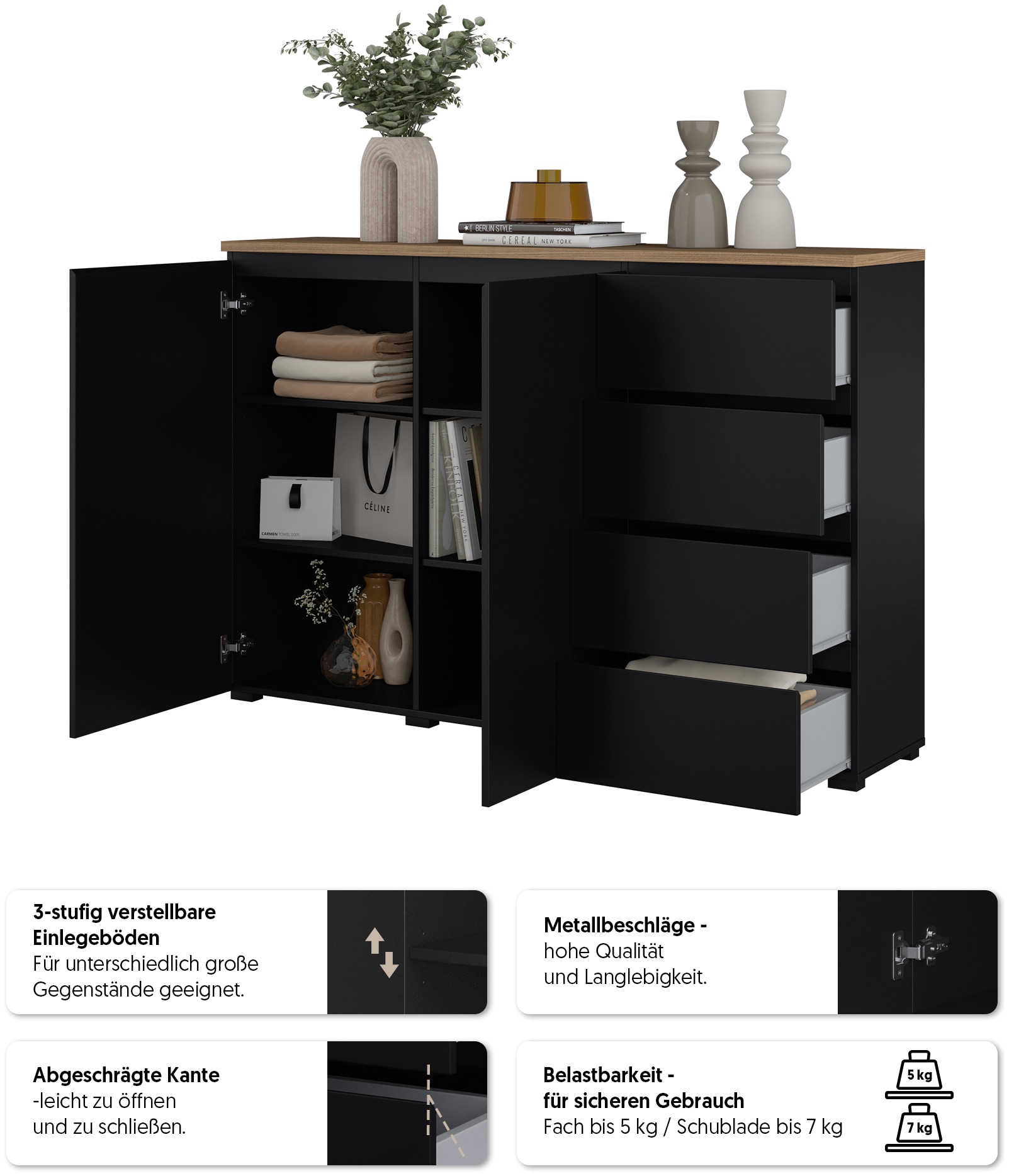 OTTO home Highboard »Modo, Breite 150 cm, moderne grifflose Kommode 2Türen/4 SK« Schubladenkommode mit viel Stauraum, Einlegeböden verstellbar