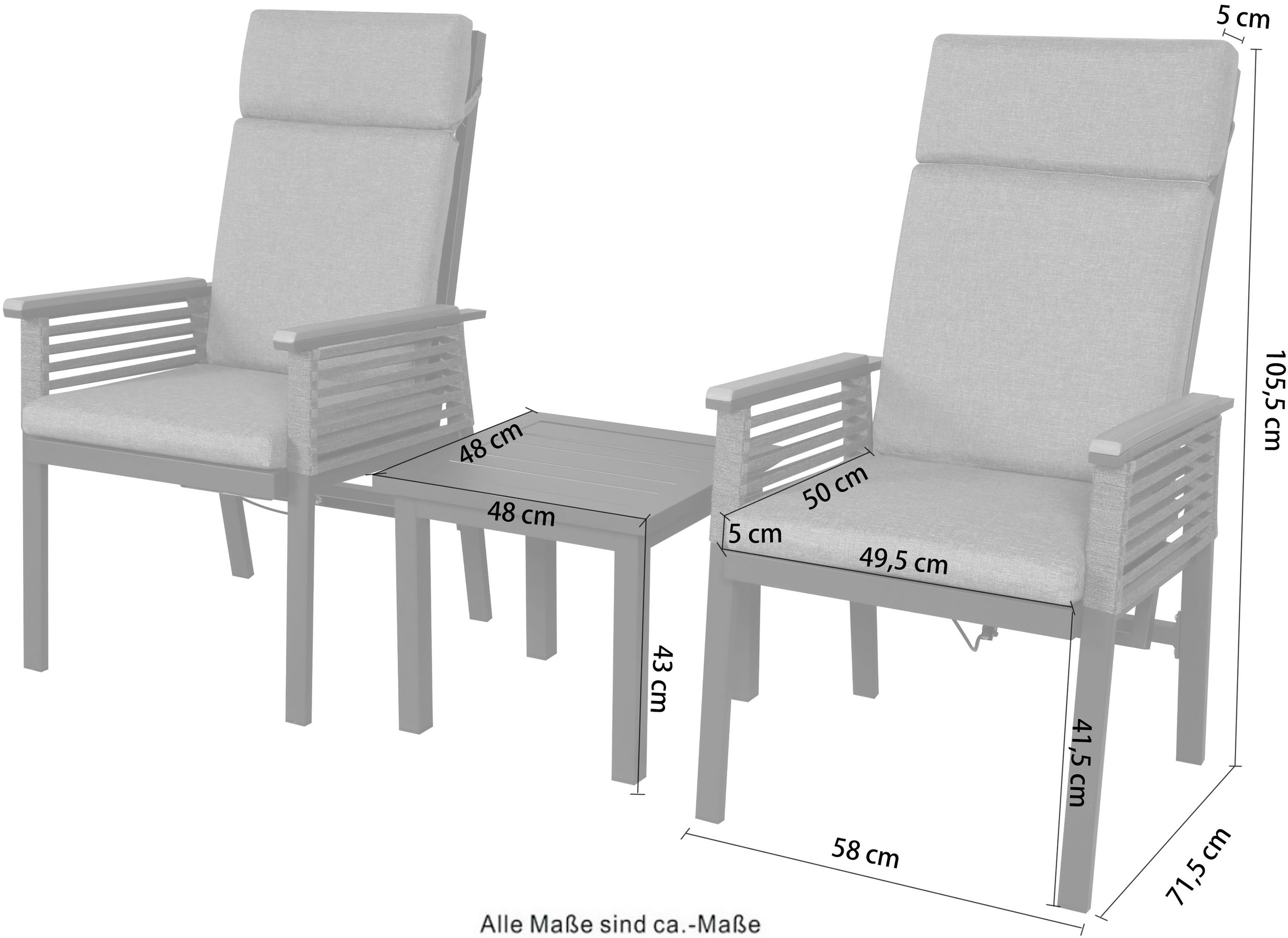 KONIFERA Balkonset »Edessa Komfort« Set, 2x Sessel, 2x Auflage, 1x Tisch, 5 tlg. tlg. beinhaltet 2 Sessel mit Sitzauflagen und 1 Tisch