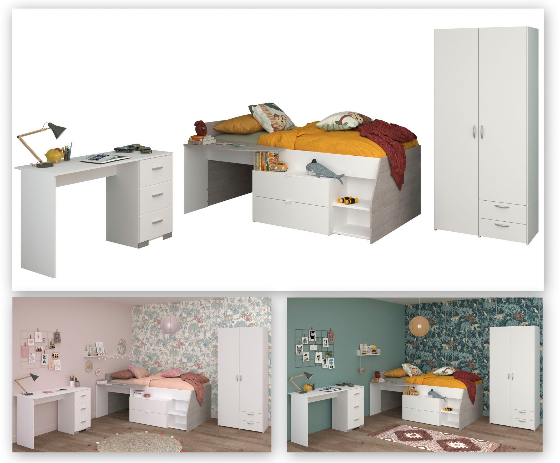 Parisot Jugendzimmer-Set »Parisot Milky 13«, (3 tlg.), viel Stauraum, halbhohes Hochbett