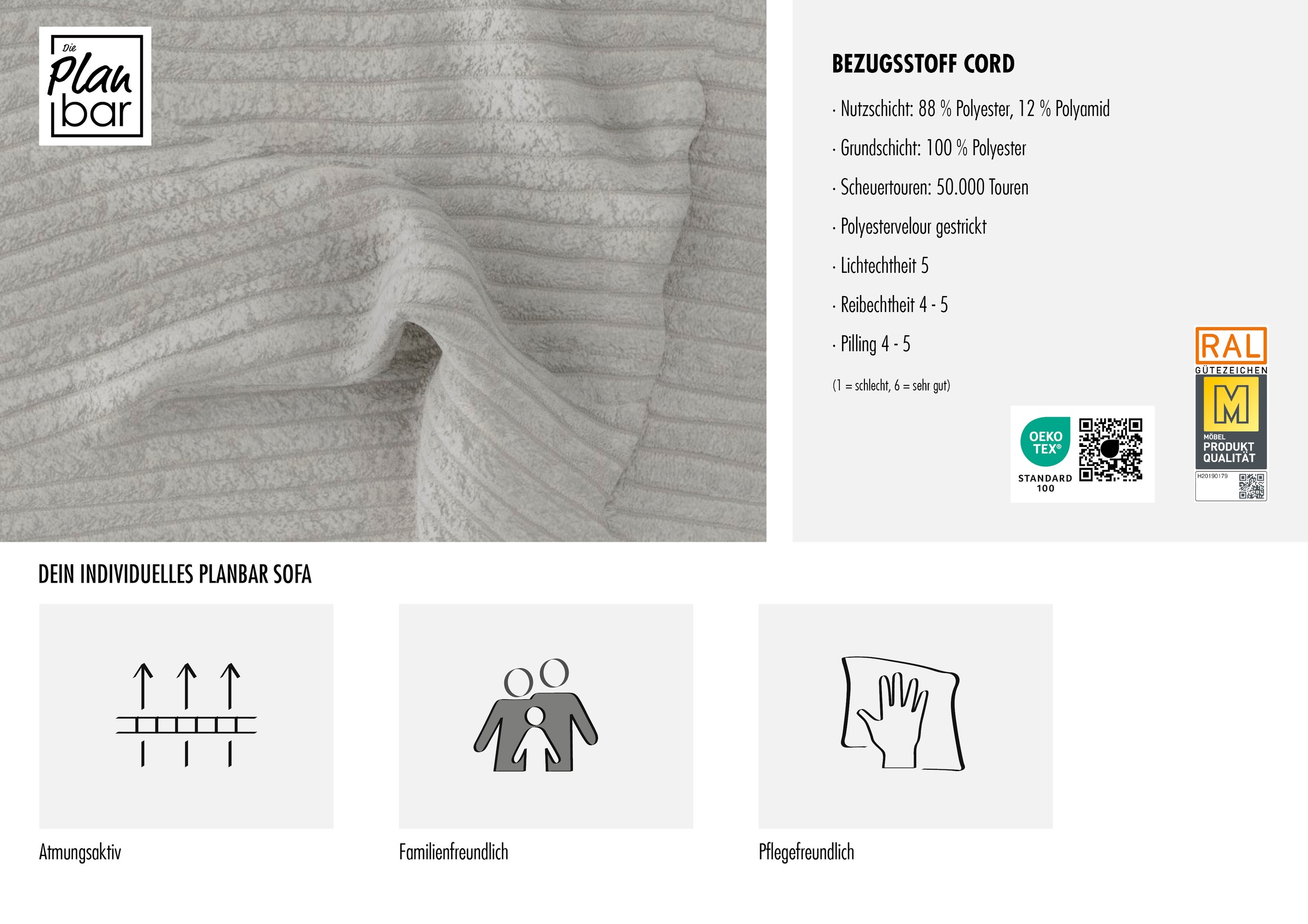 Die PlanBar Ecksofa »PP-LA19101 L-Form, Breite 316 cm« wahlweise mit Bettfunktion und verstellbaren Kopfstützen, in Cord