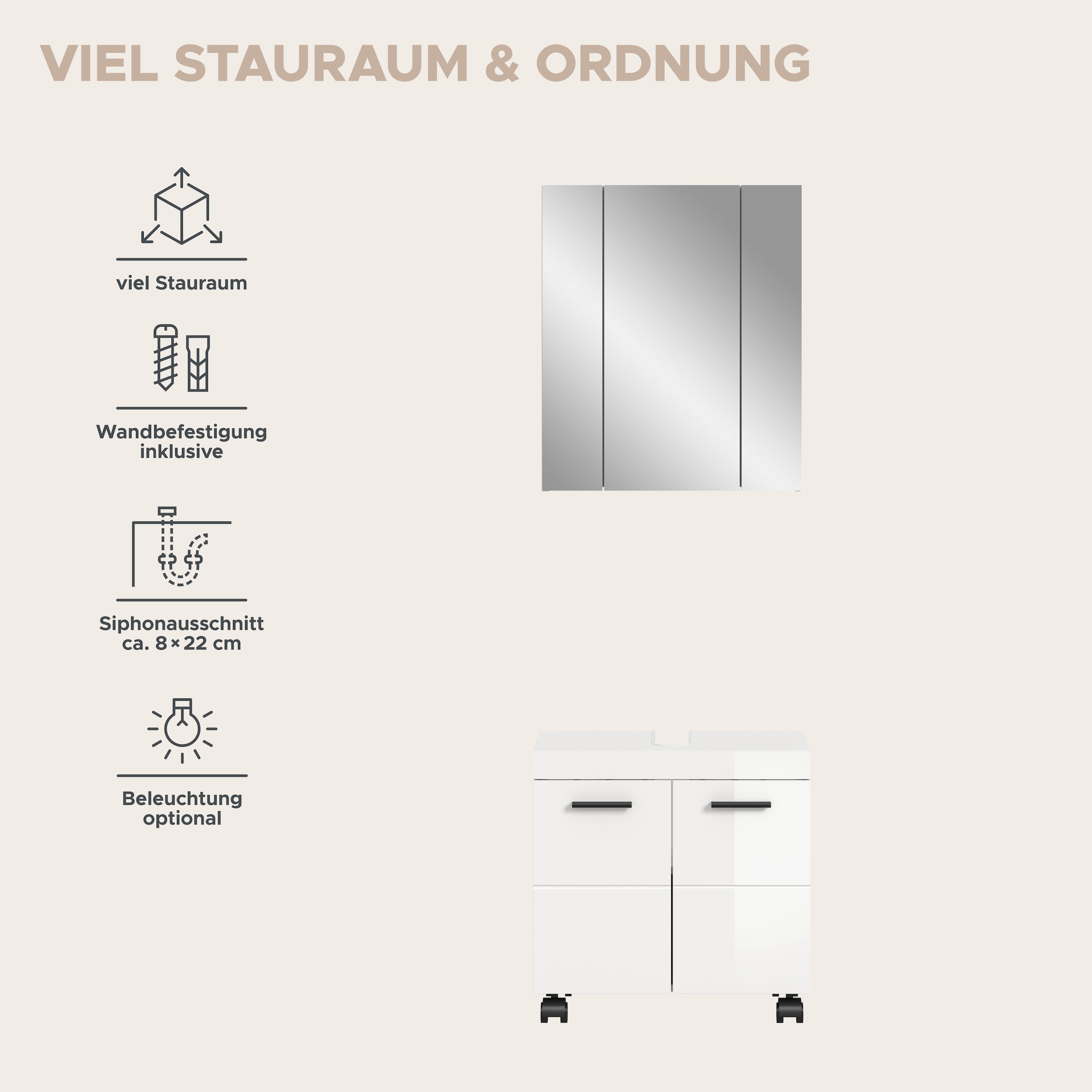 welltime Badmöbel-Set »AVON, Breite 60 cm, 2-teilige moderne Badkombination, auf Rollen« bestehend aus: Waschbeckenunterschrank & Spiegelschrank, 2 Stk. tlg.