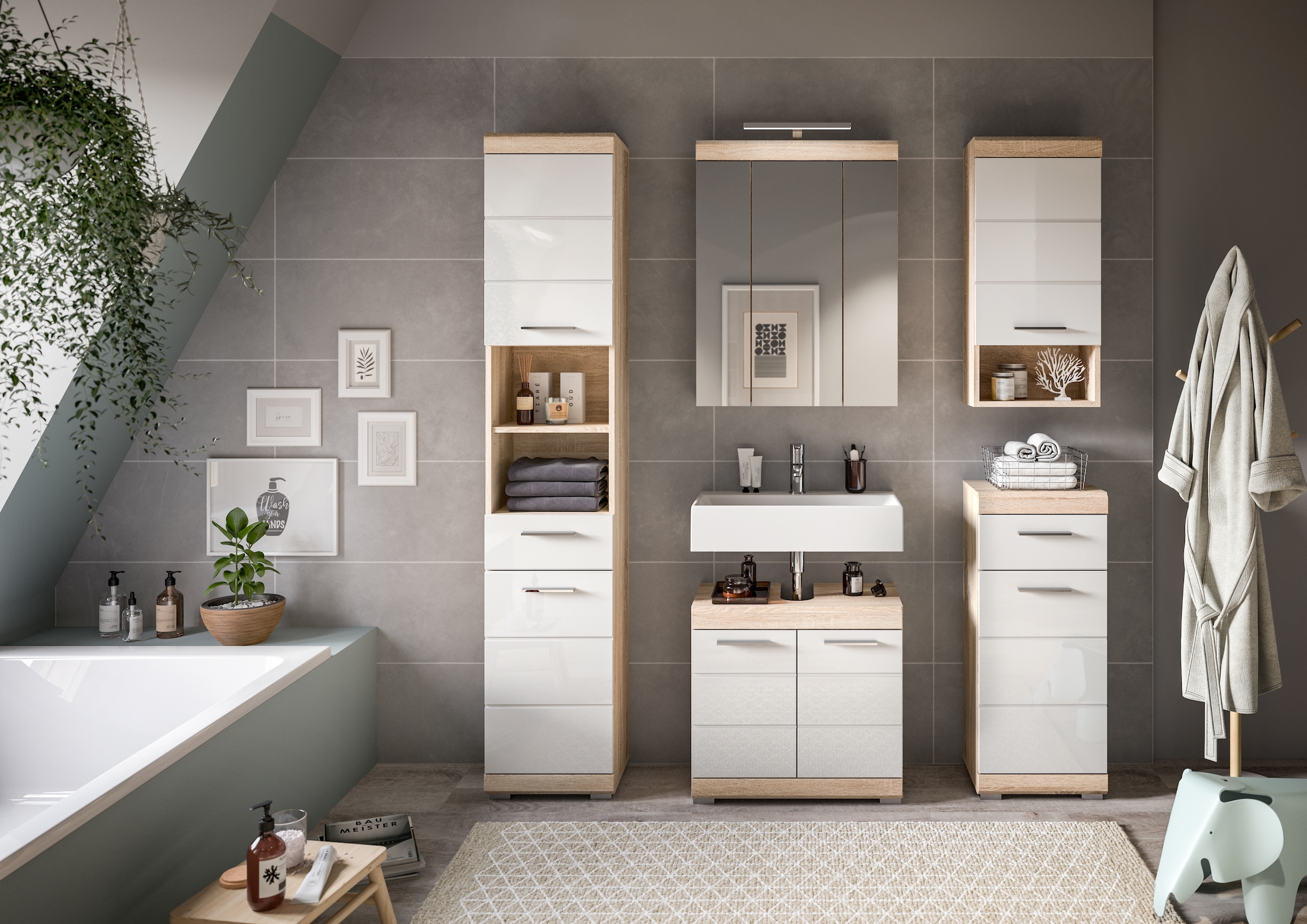 INOSIGN Badmöbel-Set »Siena, 5 teilig, inklusive LED Beleuchtung, bestehend aus:«, (Set), Hochschrank, WBU, Spiegelschrank, Unterschrank, Hängeschrank
