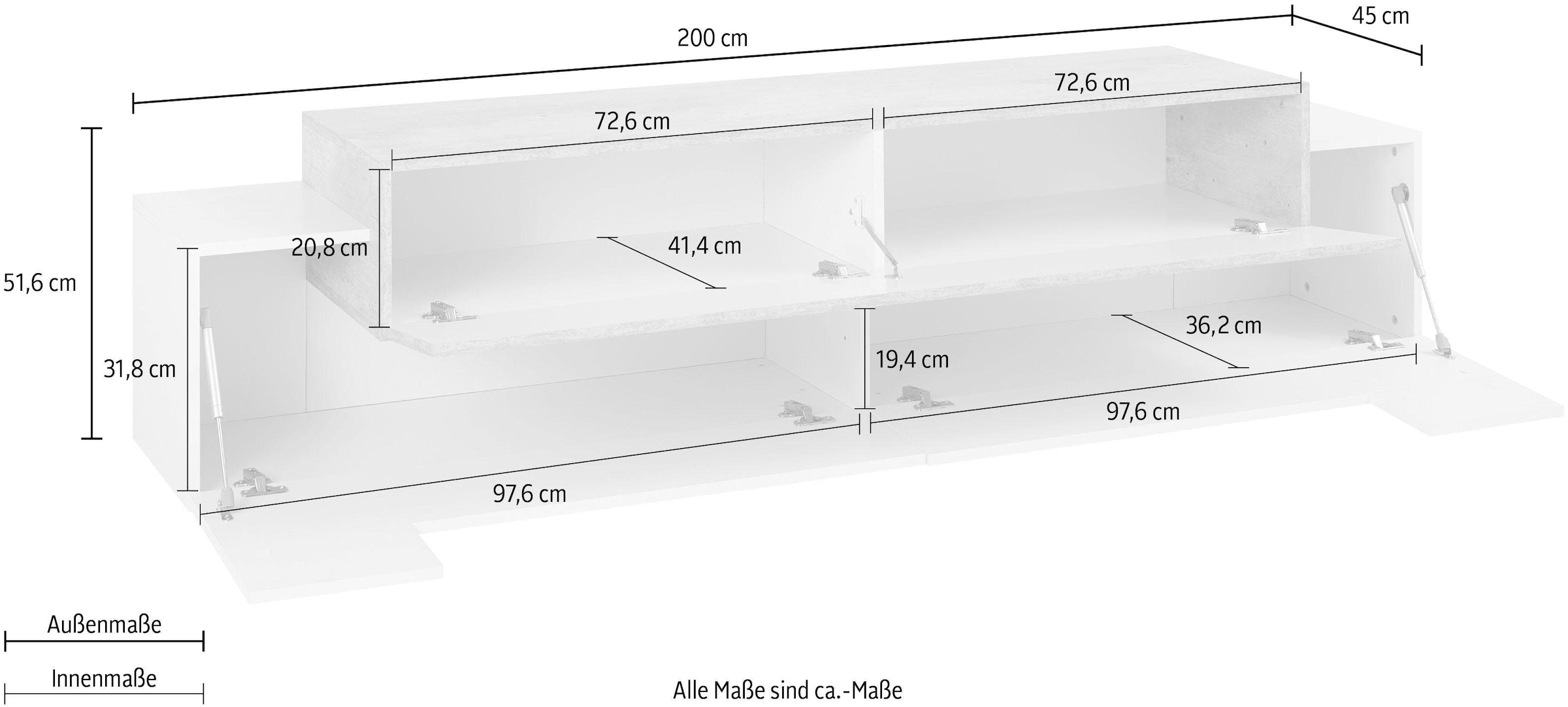 INOSIGN Lowboard »Coro,Lowboard,TV-Kommode,TV-Möbel,TV-Bank«, mit 3 Klappen davon 2 mit Push-to-Open Funktion Breite 200 cm