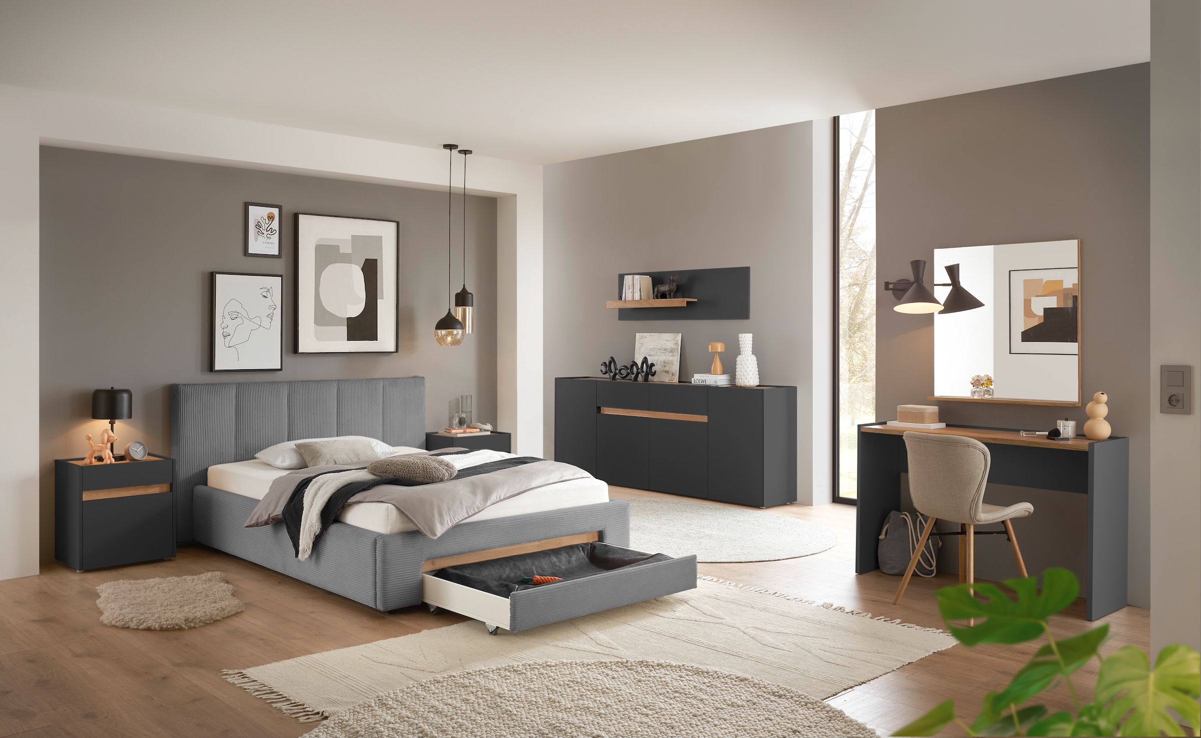 INOSIGN Polsterbett »CiTY/GiRON, Bettgestell mit Bettkasten, gepolstertes Stauraumbett«, mit Hundebett oder Stauraumschublade, Bezug Cord-oder Leinenoptik