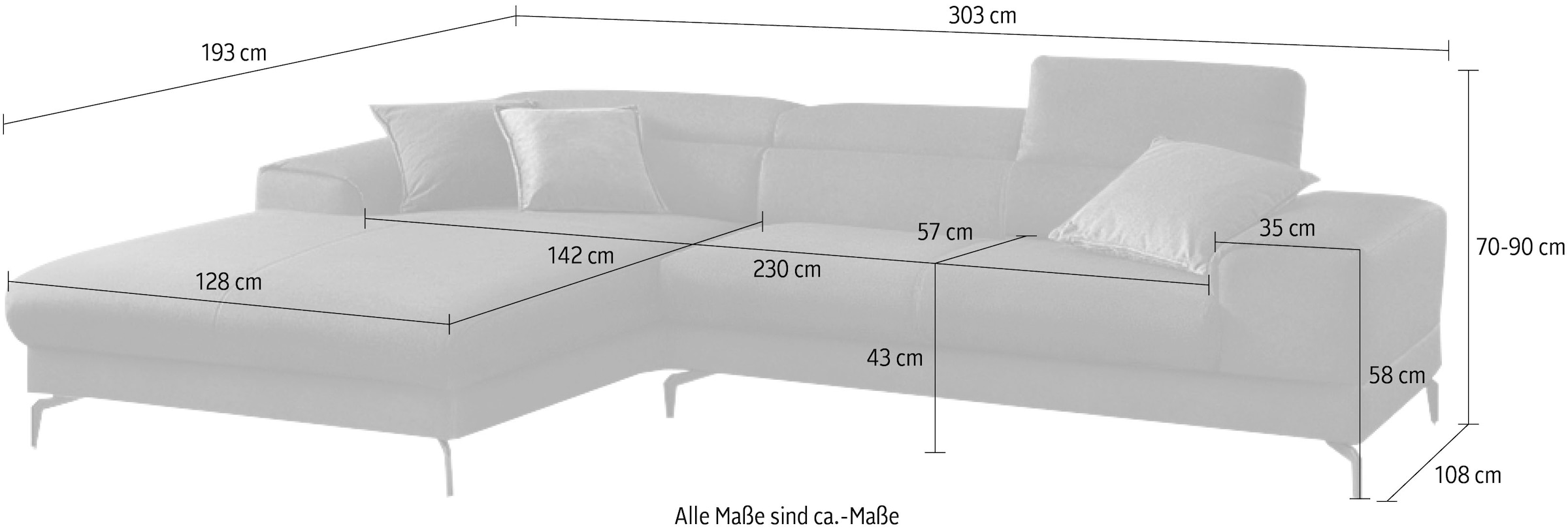 W.SCHILLIG Ecksofa »piedroo, Designsofa mit tollem Sitzkomfort, elegant und bequem, L-Form«, Kopfteilverstellung, wahlweise mit Sitztiefenverstellung, Breite 303cm