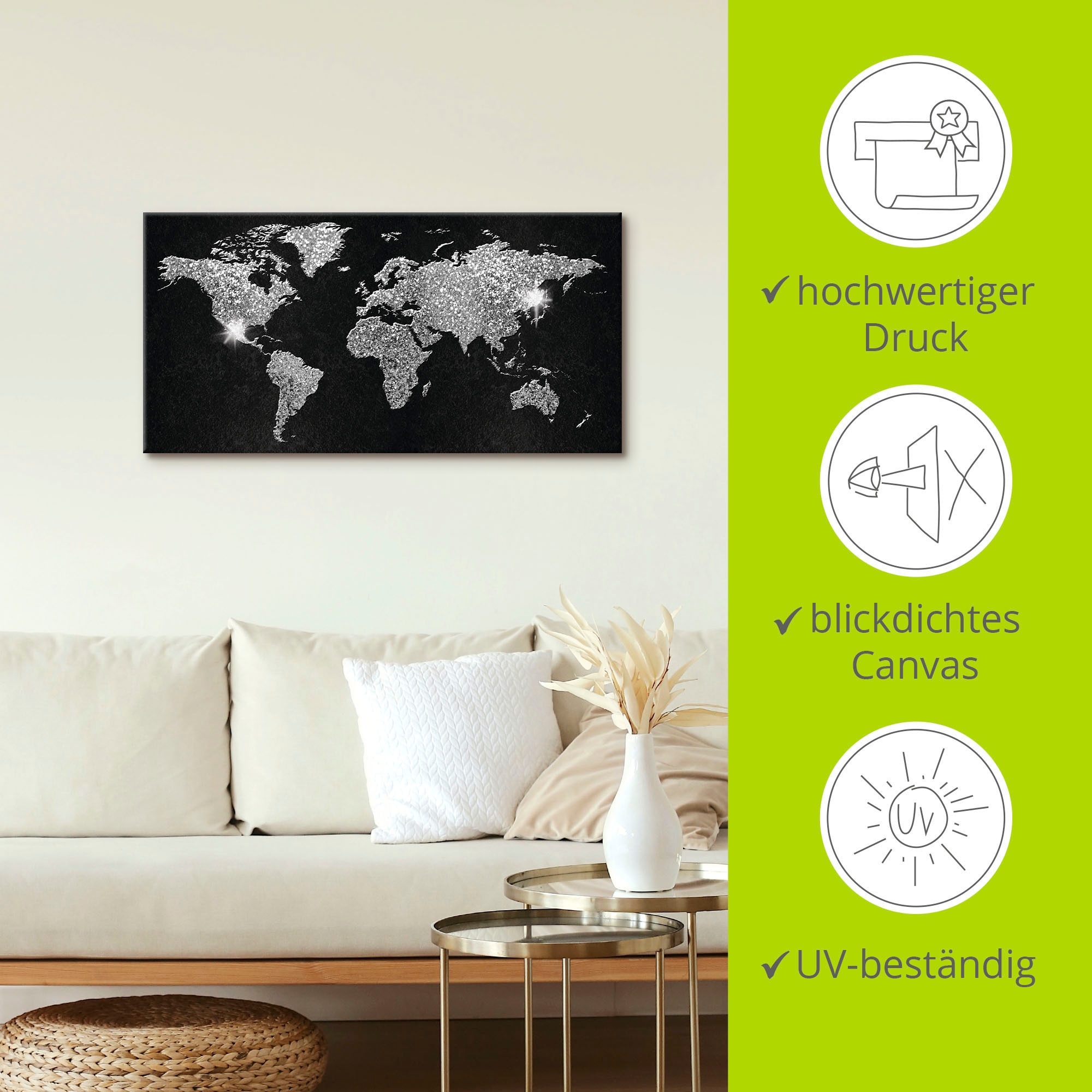 Artland Wandbild »Weltkarte Glitzer«, Land- & Weltkarten, (1 St.), als Alubild, Outdoorbild, Leinwandbild, Poster, Wandaufkleber