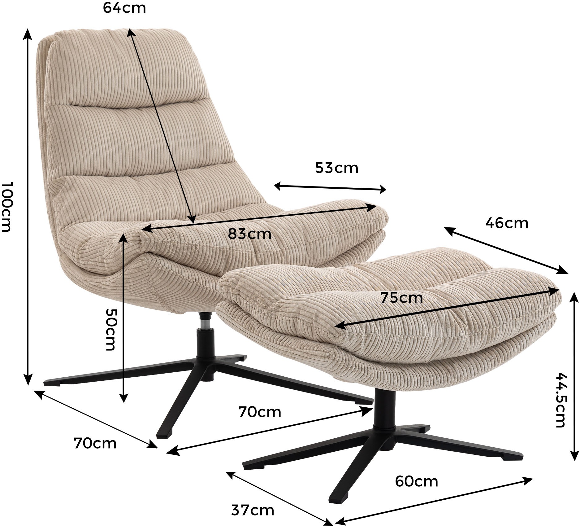 Duo Collection Relaxsessel »Porto« 360° drehbar, doppelte Polsterung, mit Hocker, bis 115 kg belastbar