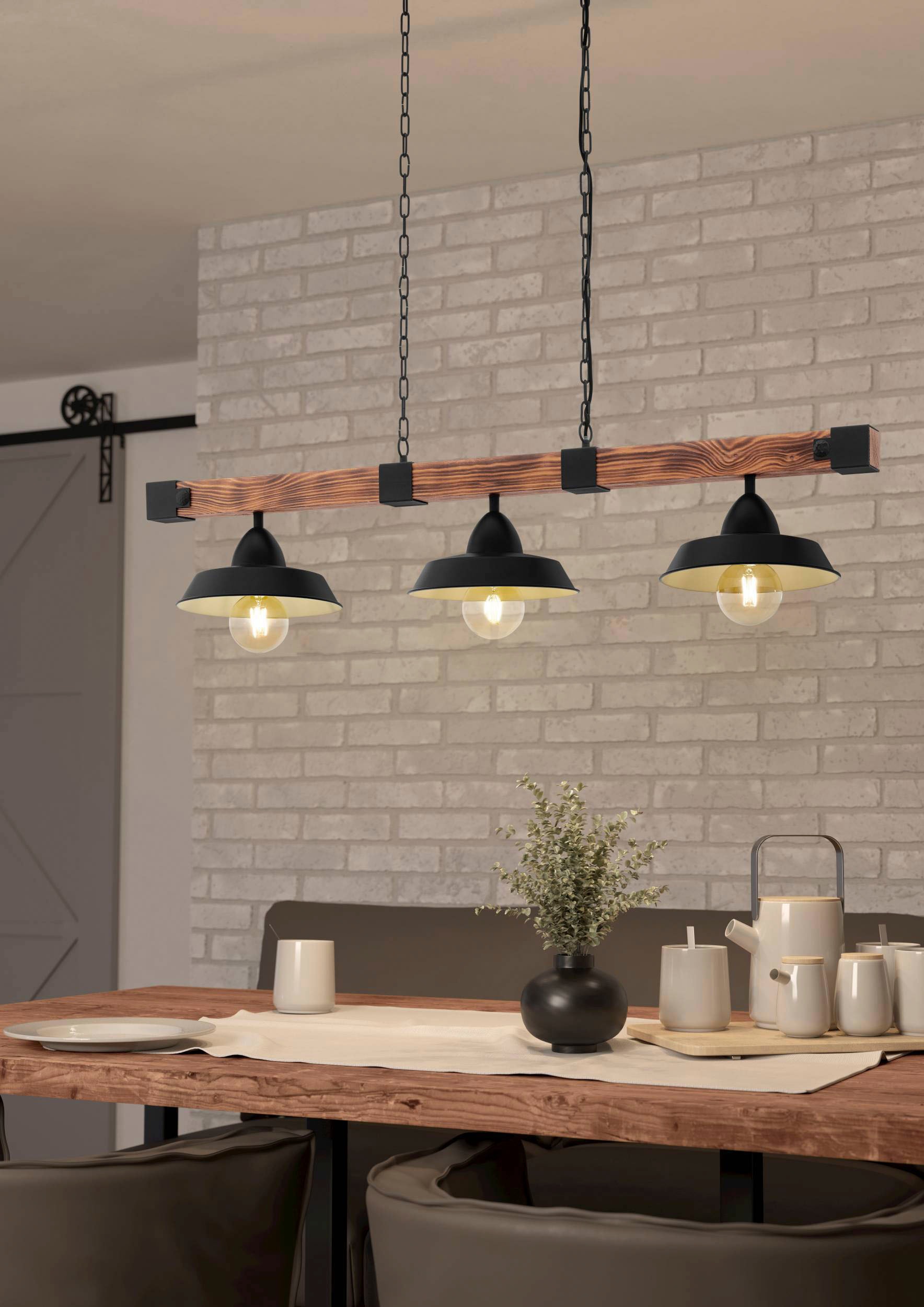 EGLO Pendelleuchte »OLDBURY«, 3 flammig, Leuchtmittel E27 | ohne Leuchtmittel, Vintage Pendelleuchte, Industrial, aus Stahl und Holz, E27, 118 cm