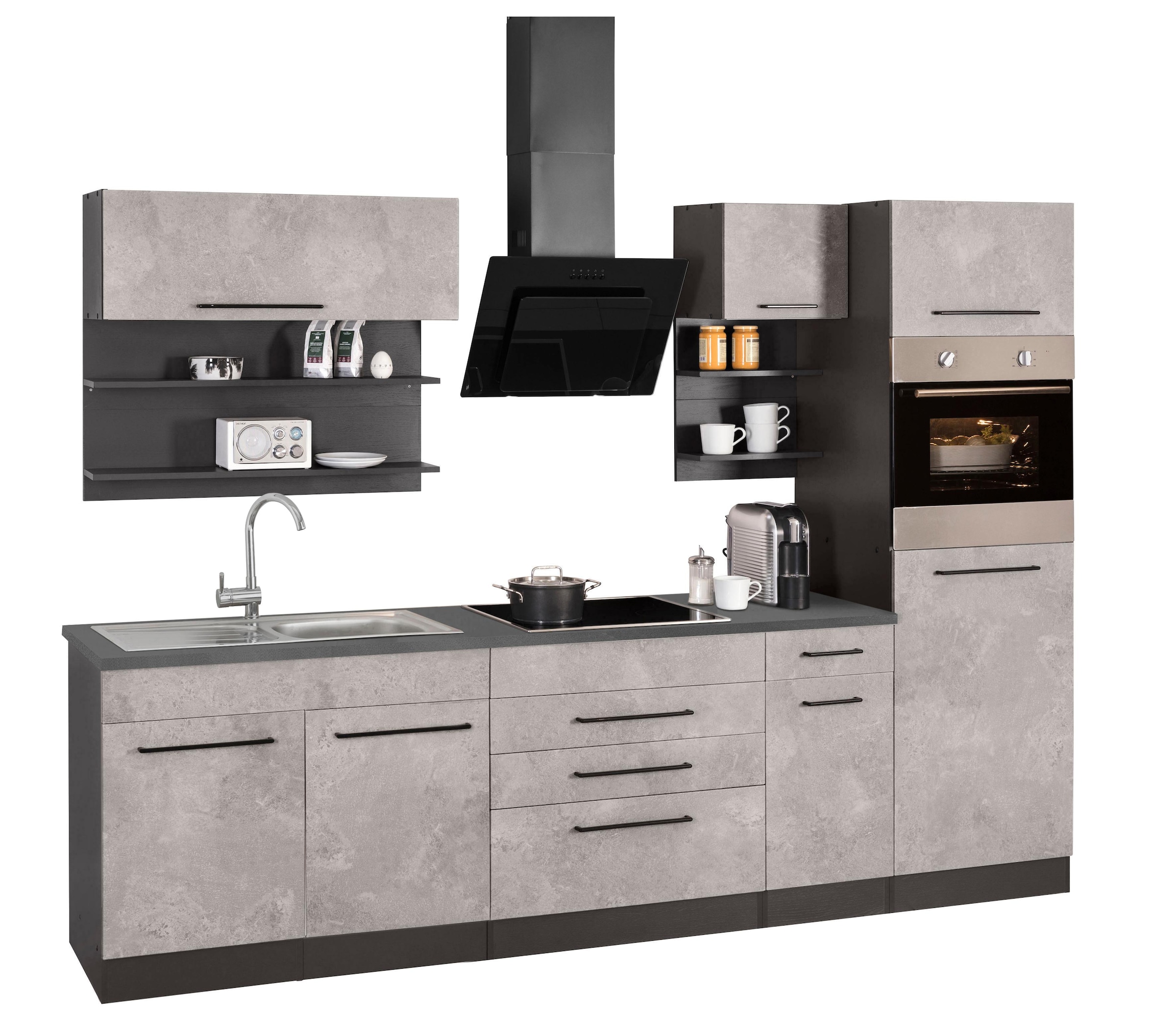 KOCHSTATION Küchenzeile »KS-Tulsa«, ohne E-Geräte, Breite 290 cm, schwarze Metallgriffe, MDF Fronten