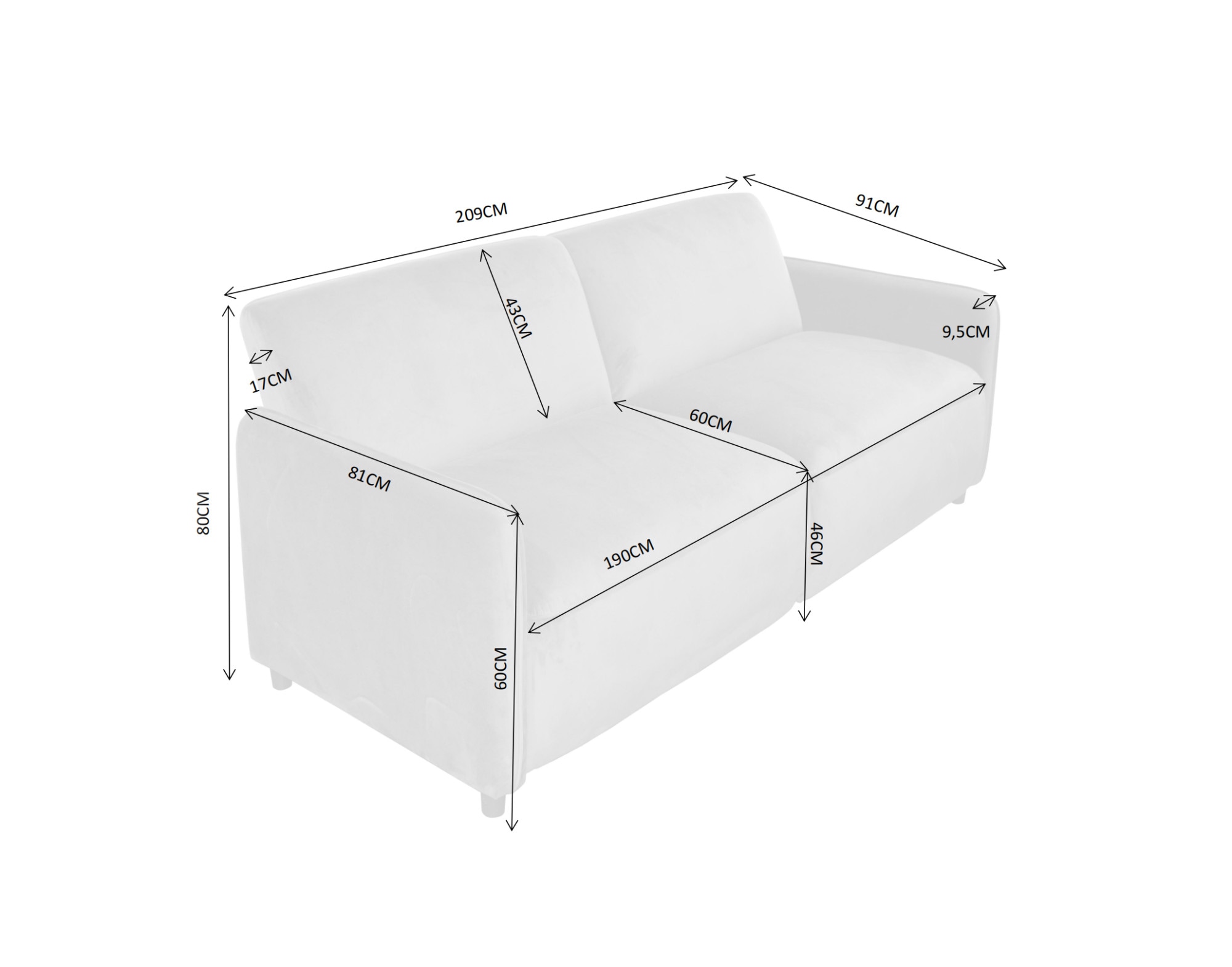 Dorel Home 3-Sitzer »Alicia Schlafsofa 209 cm«, mit Bett-Funktion, Rückenlehne 2-teilig, 3-fach verstellbar, B: 209 cm
