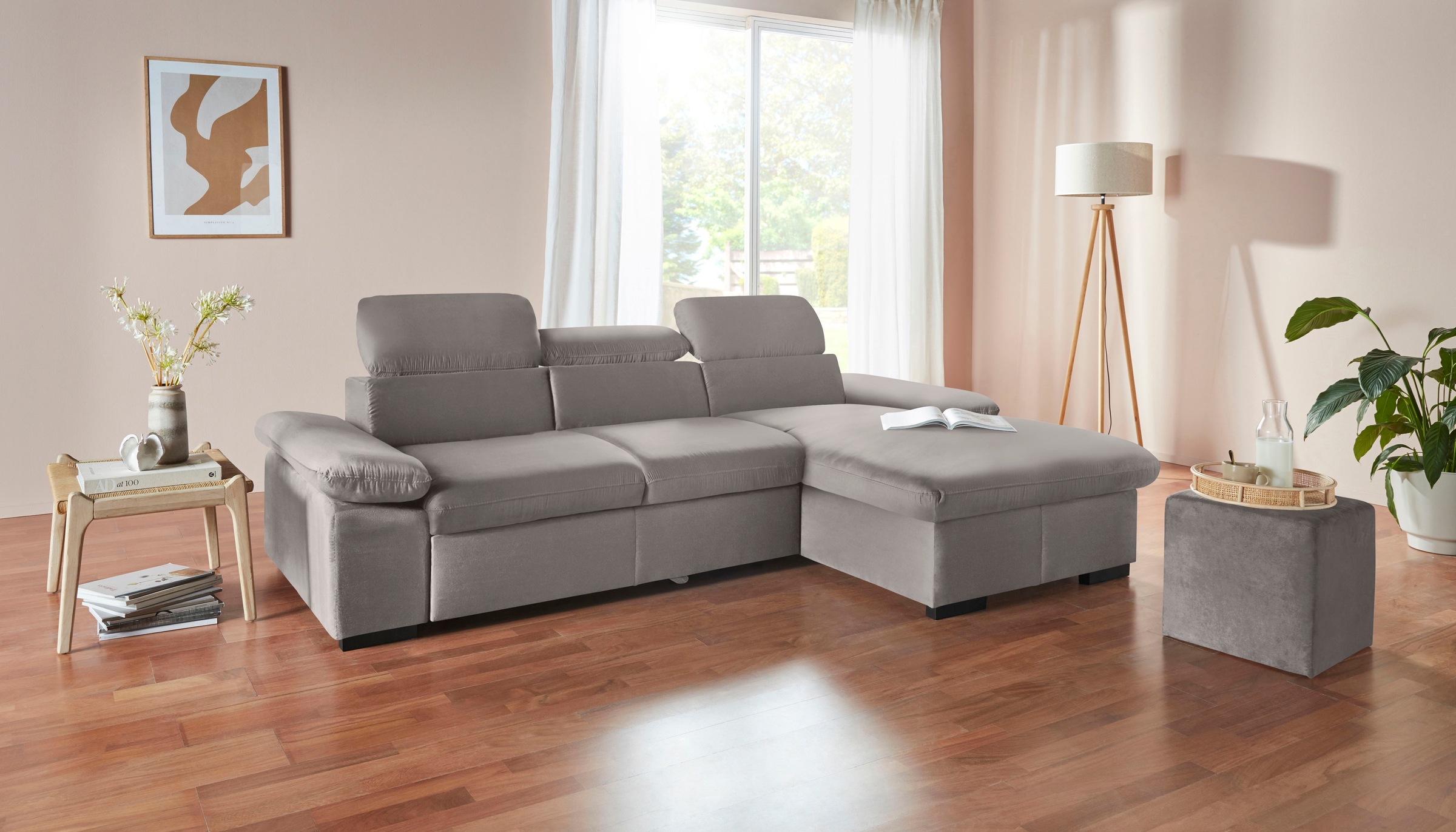 COTTA Ecksofa »Lola L-Form mit Kopfteilfunktion & Hocker«, (Set, mit Hocker), wahlweise mit Bettfunktion, Bettkasten & Armteilverstellung