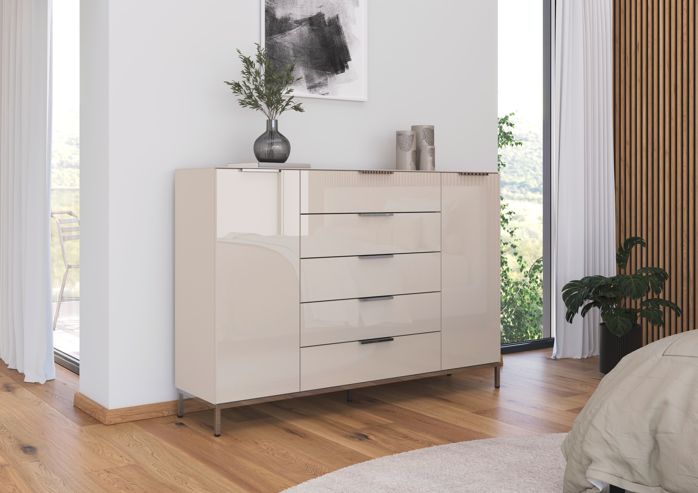 rauch Schubkastenkommode »Kommode Türkommode Sideboard Kombikommode FLIPP mit Glasfront«, (Breite 160/180 cm mit 4 Einlegeböden), 2-türig, 5 Schubladen, Soft-Close, Oberboden und Front Glas, 2 Breiten