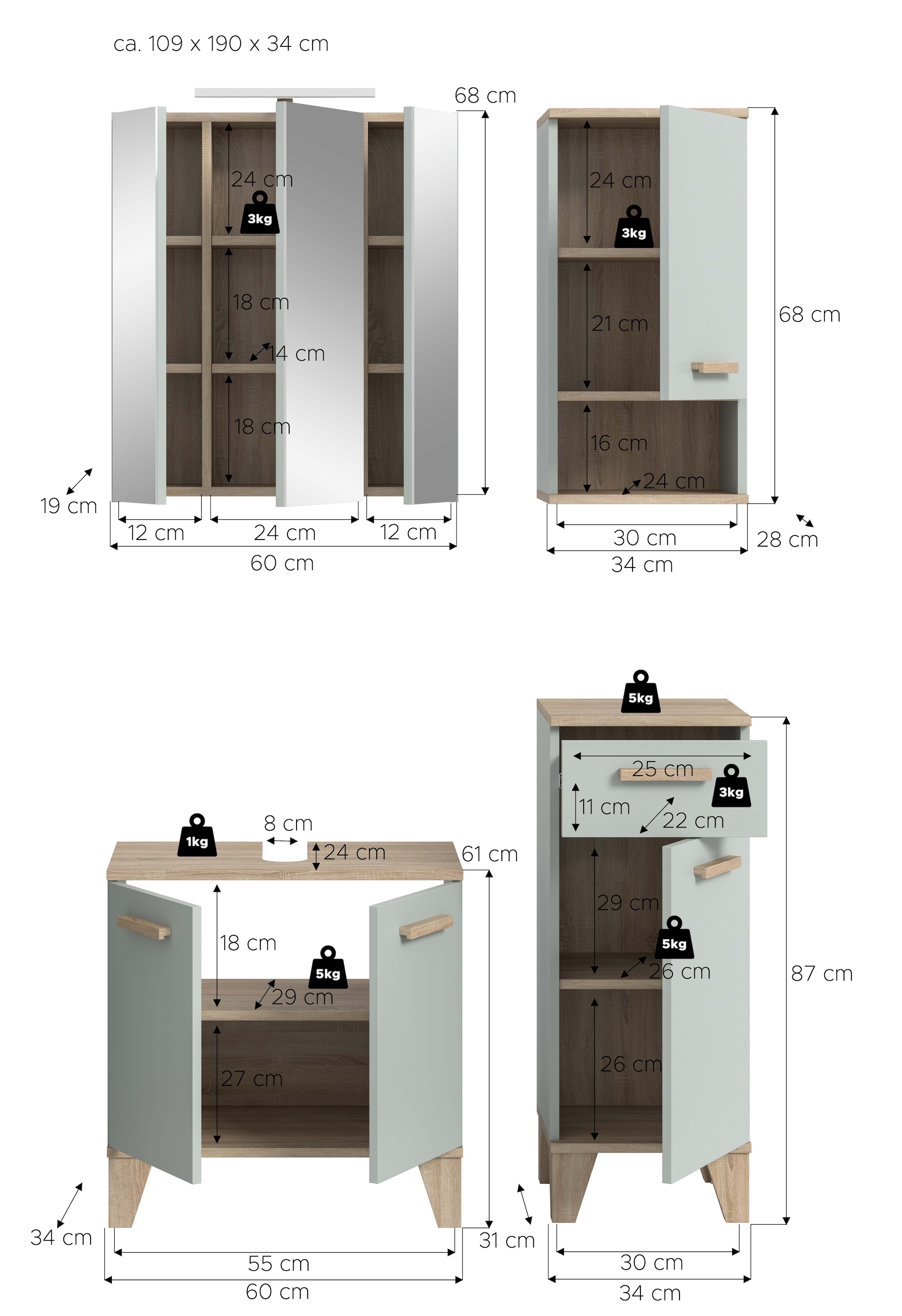 welltime Badmöbel-Set »MINTTU, 4-teilige moderne Badkombi im SCANDI-Look, inkl. Beleuchtung« bestehend aus: Midischrank, WBU, Spiegelschrank, Hängeschrank, 4 Stk. tlg.