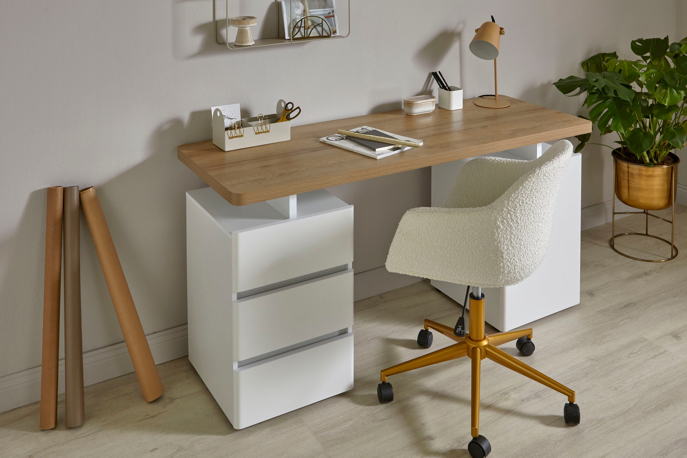 Jahnke Schreibtischstuhl »SHELL WORX«, 1 St., Bouclé, Büro-/ Schreibtischstuhl, höhenverstellbar, Samt, Gestell in Gold-Look