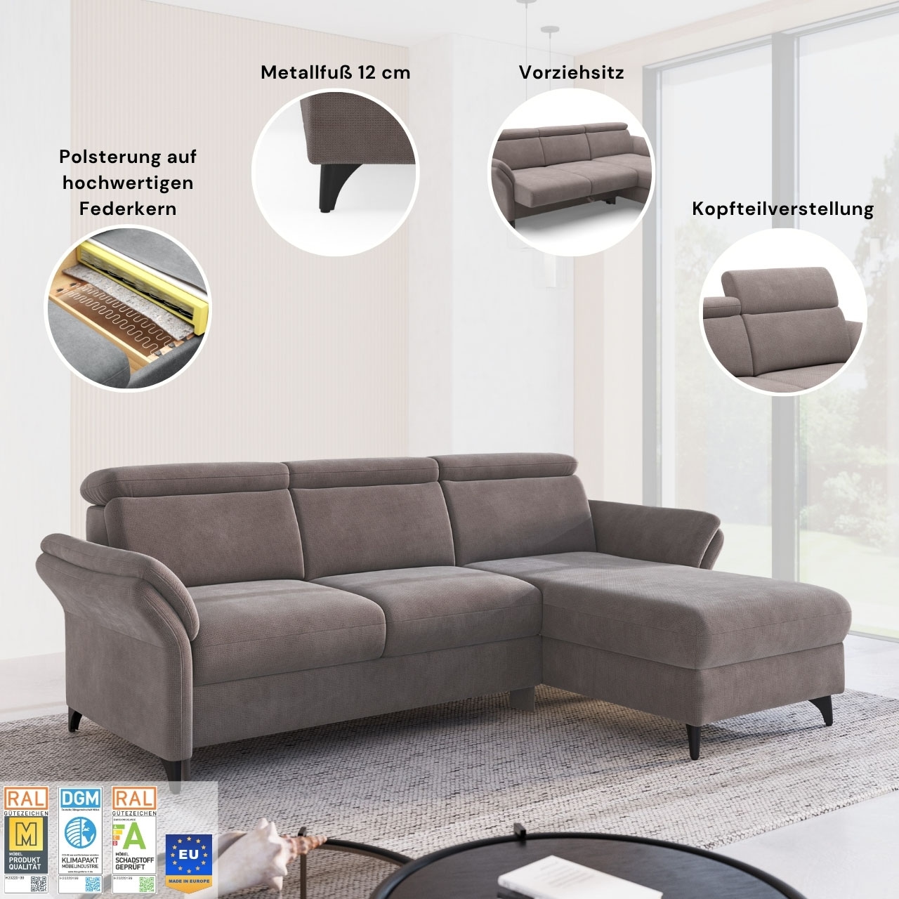 sit&more Ecksofa »Glendale, L-Form« inkl. Kopfteilverstellung, wahlweise mit Vorziehsitz und Bettkasten