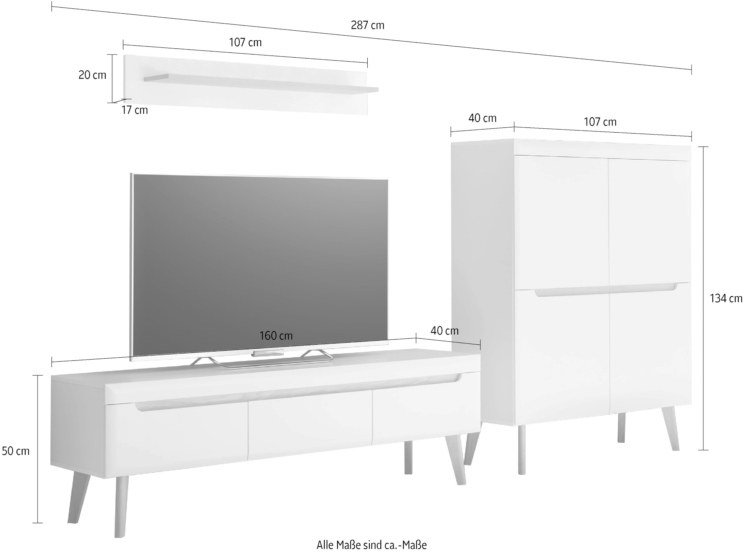 INOSIGN Wohnwand »Torge, Anbauwand, Schrankwand, Mediawand, Wohnzimmer-Set«, (3 St.), enthält 1 Lowboard, 1 Highboard, 1 Wandboard, 287 cm breit