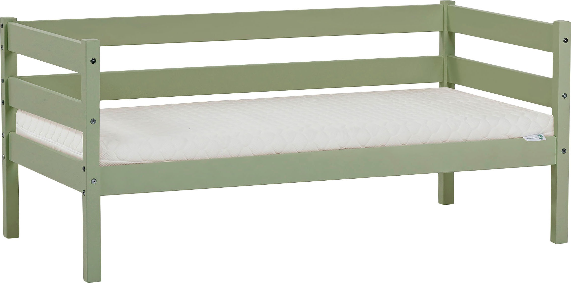 Einzelbett „ECO Comfort“, (Set), mit Rollrost in 8 Farben, wahlweise mit Matratze und Absturzsicherung, Pale Green mit ECO-Dream Matratze