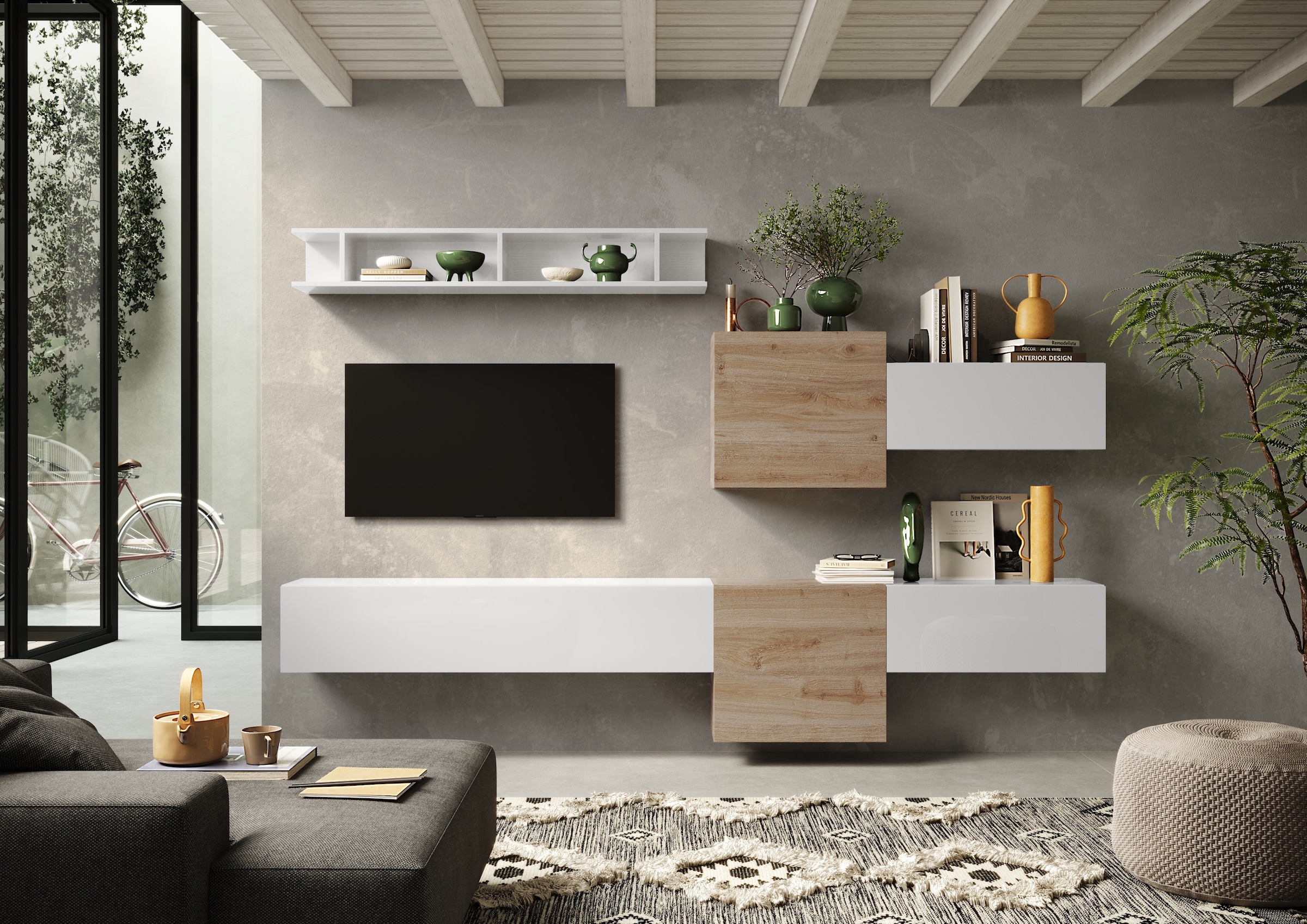 INOSIGN Wohnwand »INFINITY, 6tlg. Breite 262 cm, Höhe variabel, Schrankwand, Anbauwand«, (Lowboard hängend, 2x Hängeschrank, 2x Hängewürfel, Wandregal)