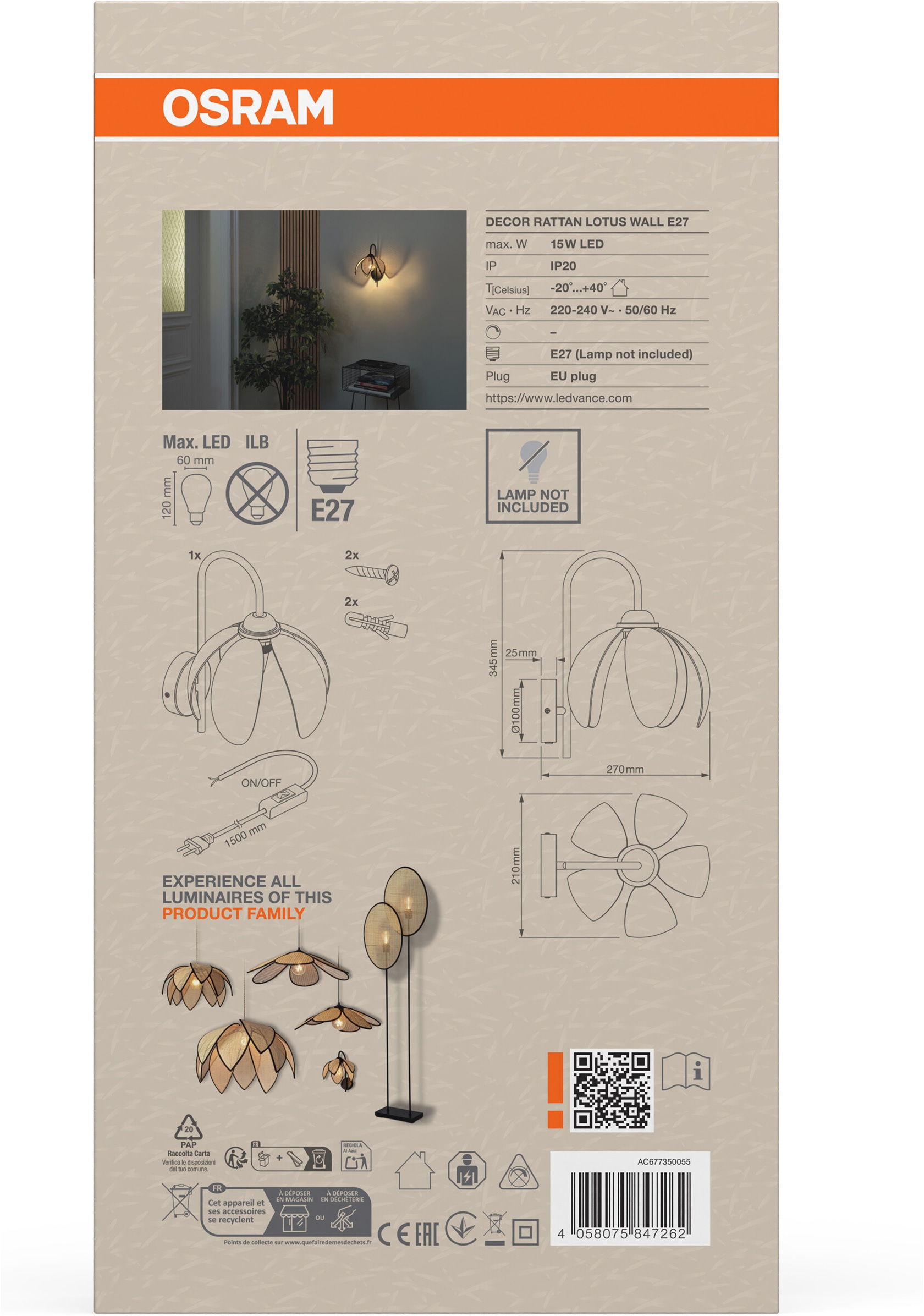 Osram Wandleuchte »Decor Rattan« E27 1 Stk. braun, E27, Rattan und Stahl