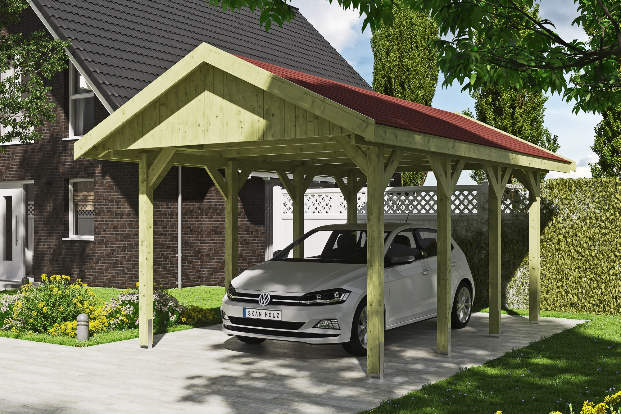 Skanholz Einzelcarport »Wallgau«, Nadelholz, 291 cm, Grün, mit roten Dachschindeln