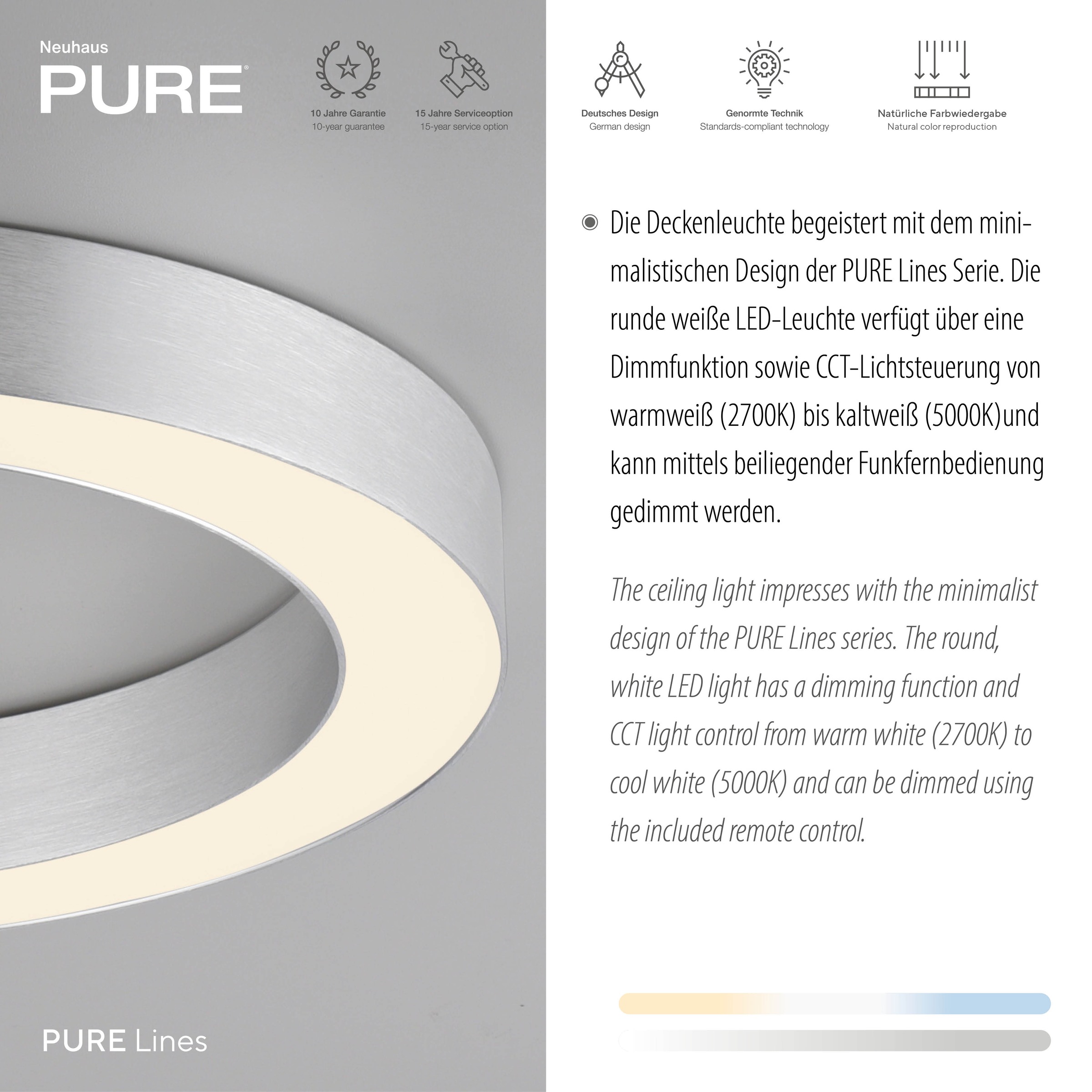 Neuhaus PURE LED Deckenleuchte »PURE Lines Round« LED-Board 1 Stk. warmweiß - kaltweiß Stufenlos dimmbar über Fernbedienung, CCT