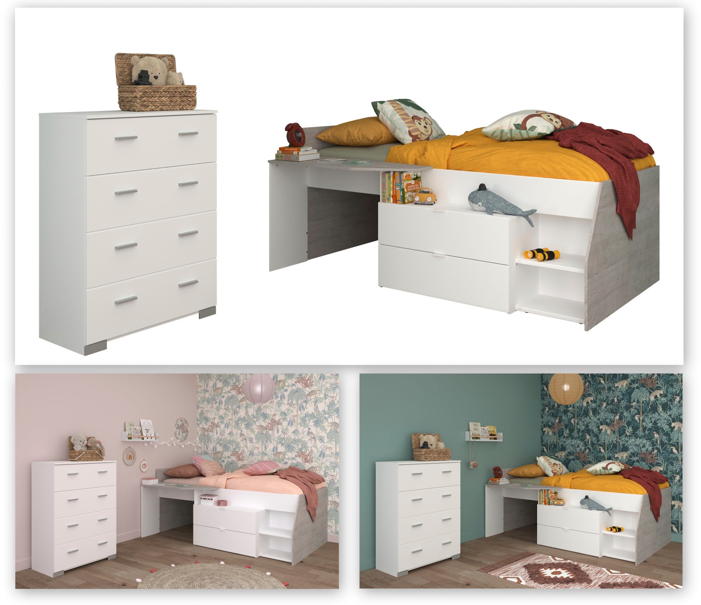 Parisot Jugendzimmer-Set »Parisot Milky 16« 2 Stk. tlg. viel Stauraum, halbhohes Hochbett