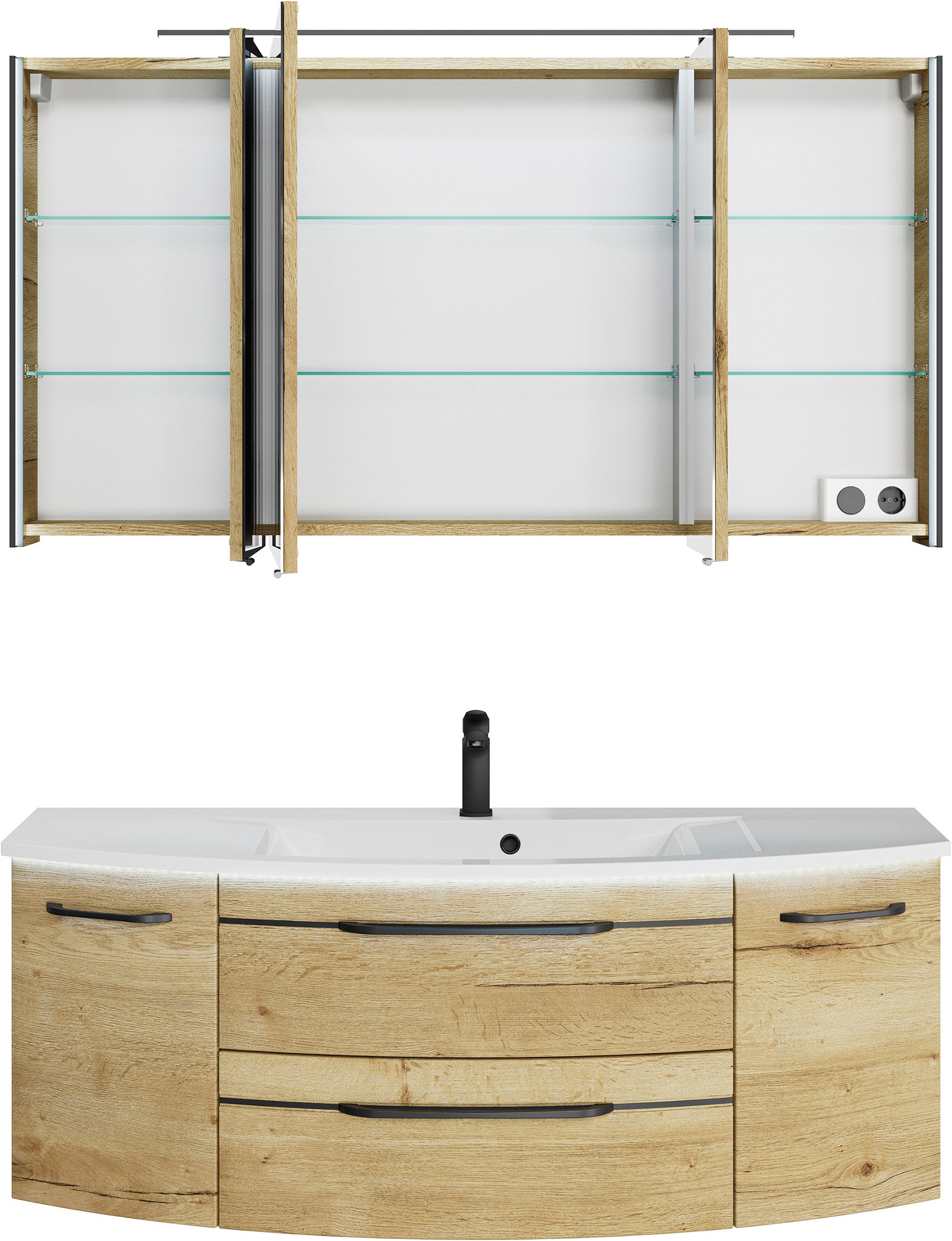 Saphir Badmöbel-Set »Serie 7045 2-teilig Mineralmarmor-Waschtisch mit LED-Spiegelschrank«, (Set, 2 St.), Badezimmer-Set 133,2 cm breit, inkl. Türdämpfer, 5 Türen, 2 Schubladen