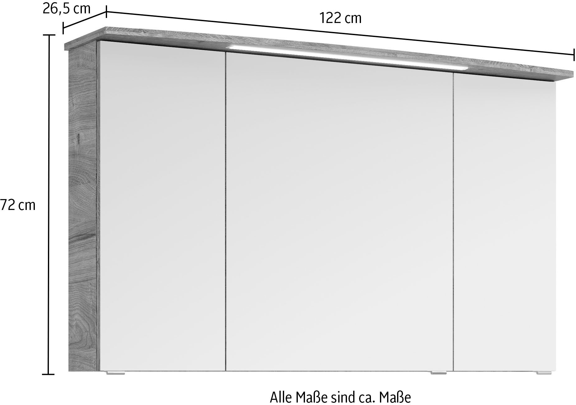 Saphir Badezimmerspiegelschrank »Serie 4010 Badezimmer-Spiegelschrank inkl. LED-Beleuchtung im Kranz«, Badschrank 122 cm breit, 3 Türen, 6 Glas-Einlegeböden, inkl Türdämpfer