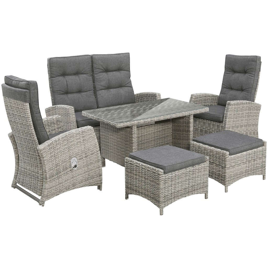 KONIFERA Garten-Essgruppe »Monaco«, (Set, 16 tlg., 1x2er Sofa, 2x Sessel, 2x Hocker, 1x Tisch 120x70x66cm, inkl. Auflagen)