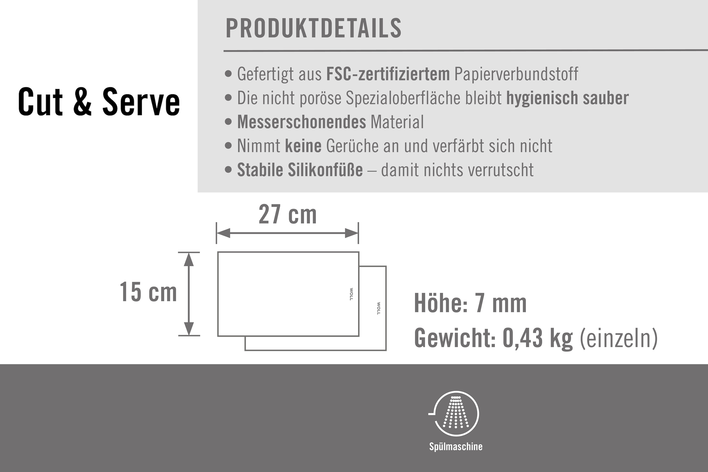 WOLL Frühstücksbrett »Woll Cut & Serve, 27 x 15 cm, 2-tlg. Frühstücksset« aus FSC®-zertifiziertem Papierverbundstoff