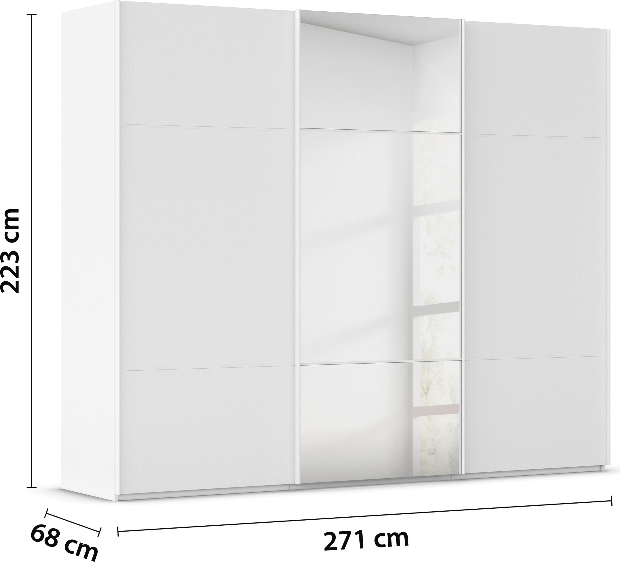 rauch Schwebetürenschrank »Kleiderschrank Schrank Garderobe Schlafzimmerschrank SCALE-TRIO«, edle dreigeteilte Front mit 2 Zierleisten und Spiegel MADE IN GERMANY