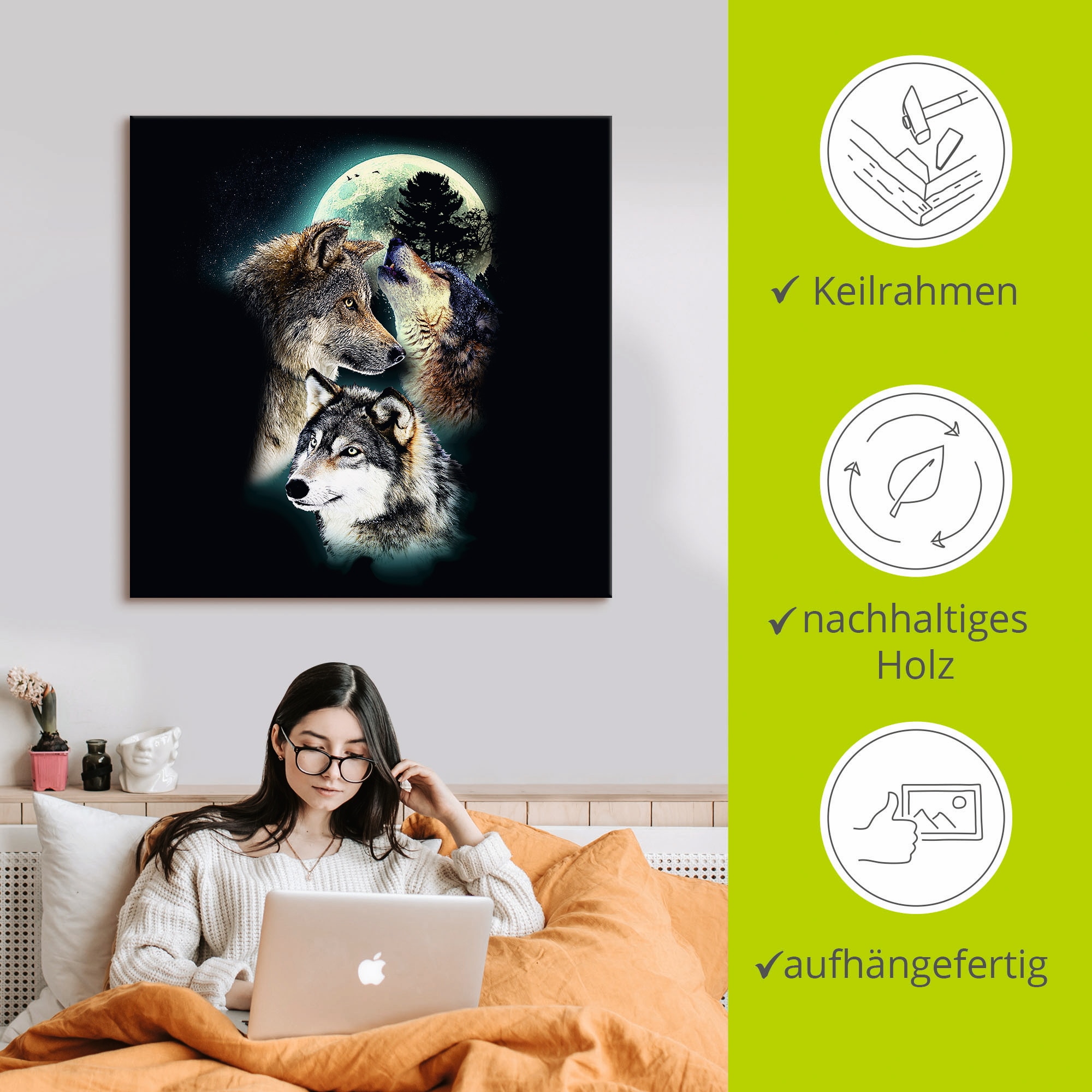 Artland Wandbild »Phantasie Wolf Wölfe mit Mond«, Wildtiere, (1 St.), als Leinwandbild, Poster, Wandaufkleber in verschied. Größen