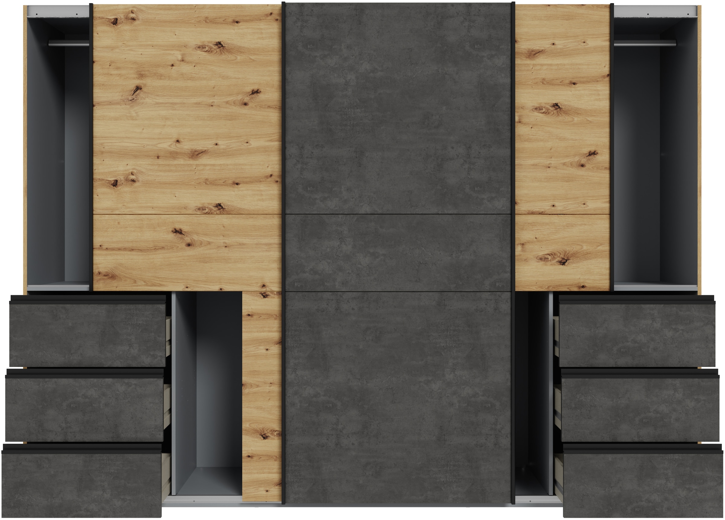 FORTE Schwebetürenschrank, (B/H/T ca. 269,7x200,5x61cm), Schwebetürenschrank, Stauraum, 6 Schubkästen, erhältlich in 2 Dekoren